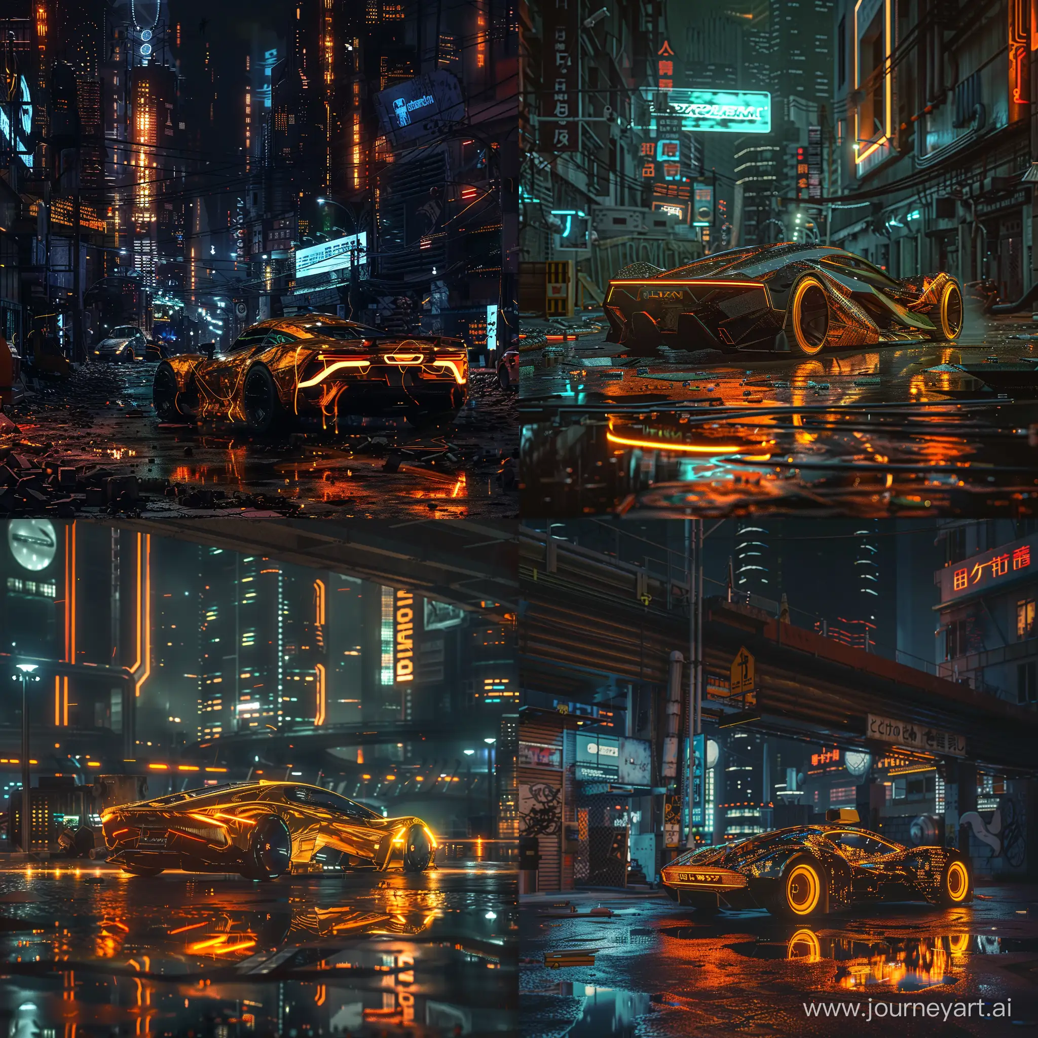 an abandoned but clean futuristic sci-fi city nighttime setting, 1 futuristic car on the scene, cyberpunk style but with the orange and gold glowing color theme 
