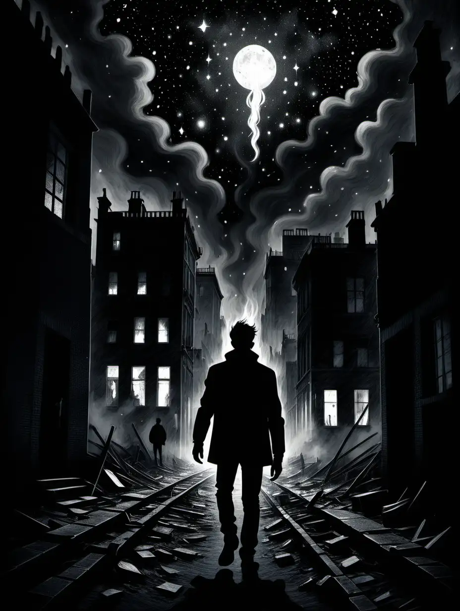 A descicrated city, rubble, in darkness, stars in the background, a lone male figure standing holding flame in his hand