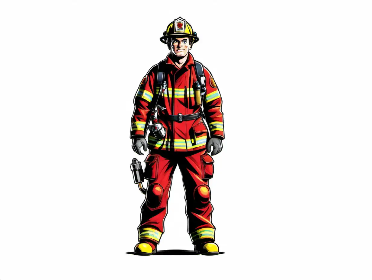 Cheerful Comic Firefighter Poses on White Background