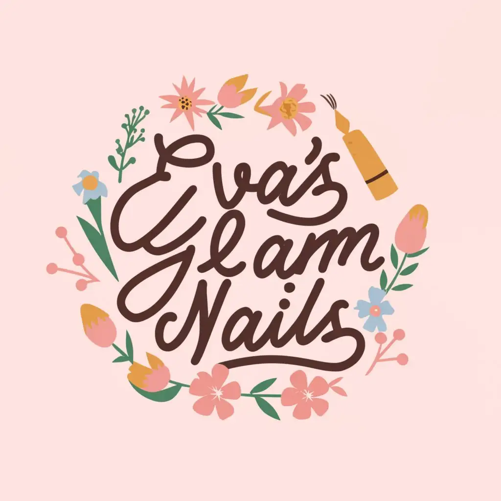 a logo design,with the text "Eva’s glam nails", main symbol:Nails and nail brushes and flowers,Moderate,be used in Beauty Spa industry,clear background