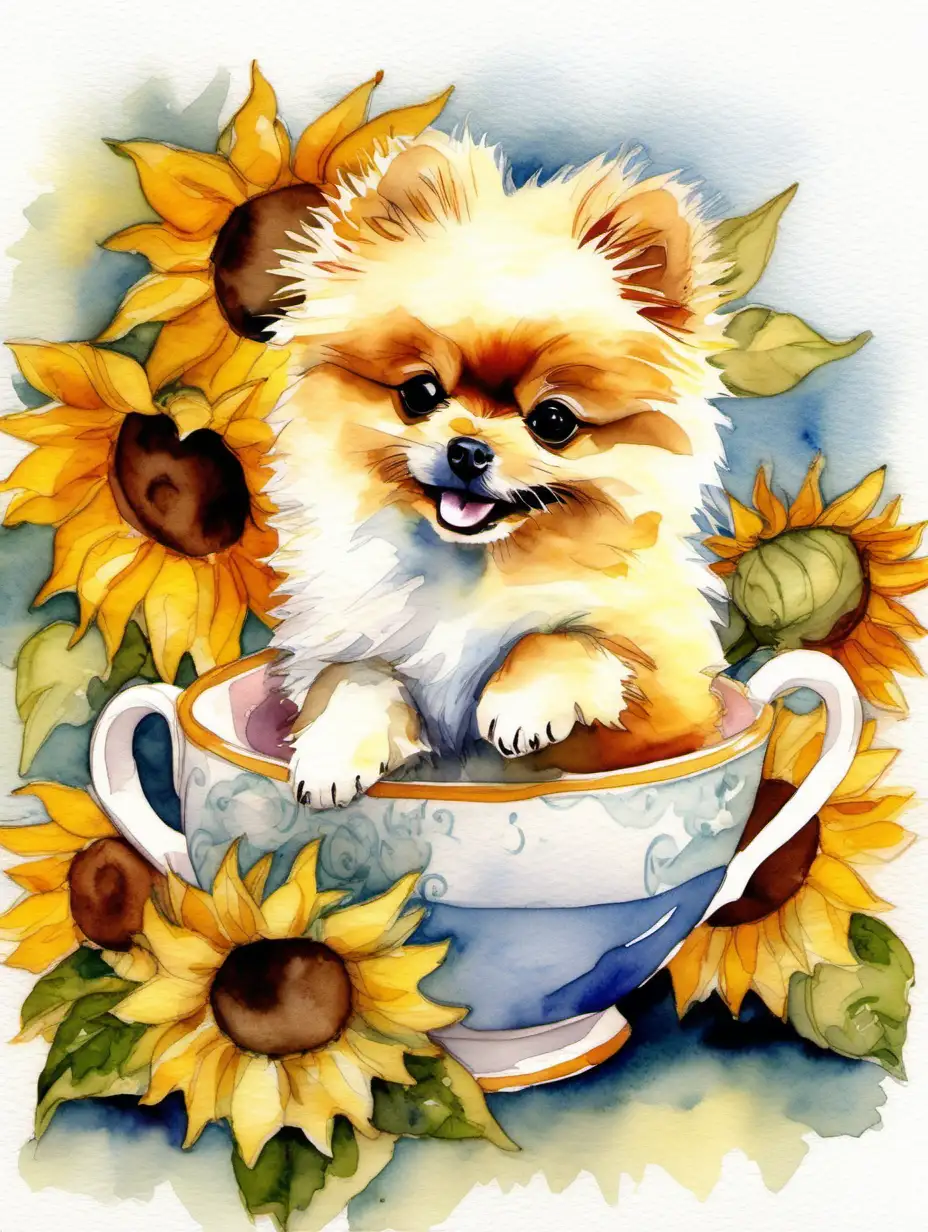Envision an adorable scene with a tiny Pomeranian puppy nestled in a teacup, surrounded by vibrant sunflowers. The watercolors should capture the playfulness of the Pomeranian, creating a cheerful and sunny atmosphere.