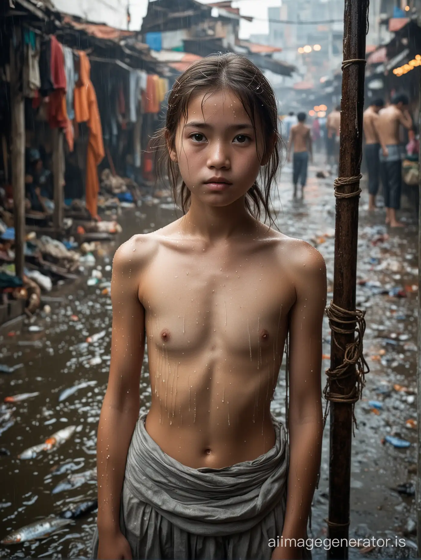 The image of the 13-year-old girl standing in the bustling Asian fish market is a striking and poignant one. Despite the chaos and commotion surrounding her, her presence is almost ethereal, standing out from the frenzied energy of the market. The beads of sweat glistening on her bare skin are a testament to the intense heat and humidity of the environment. The broken roof above allows slivers of natural light to filter through, casting an almost otherworldly glow on the girl's sweat-soaked frame. Her nudity adds a layer of vulnerability to the scene, as she stands exposed in a crowded and chaotic space. It is a powerful image that captures the rawness and harshness of life in a busy fish market, but also the innocence and resilience of this young girl. Despite the harsh conditions, she stands tall with a quiet strength, a symbol of the human spirit's ability to endure and persevere. This image invites us to reflect on the stark realities of life for many in this part of the world, but also serves as a reminder of the beauty and strength that can be found in unexpected places. 