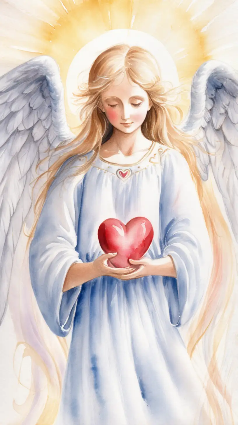Graceful Angel Embracing a Heart in Serene Watercolor