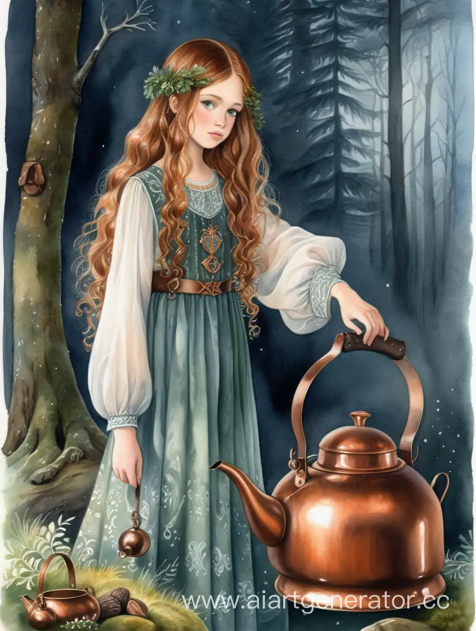 Enchanting-Forest-Night-Slavic-Girl-Boiling-Water-in-Antique-Copper-Kettle
