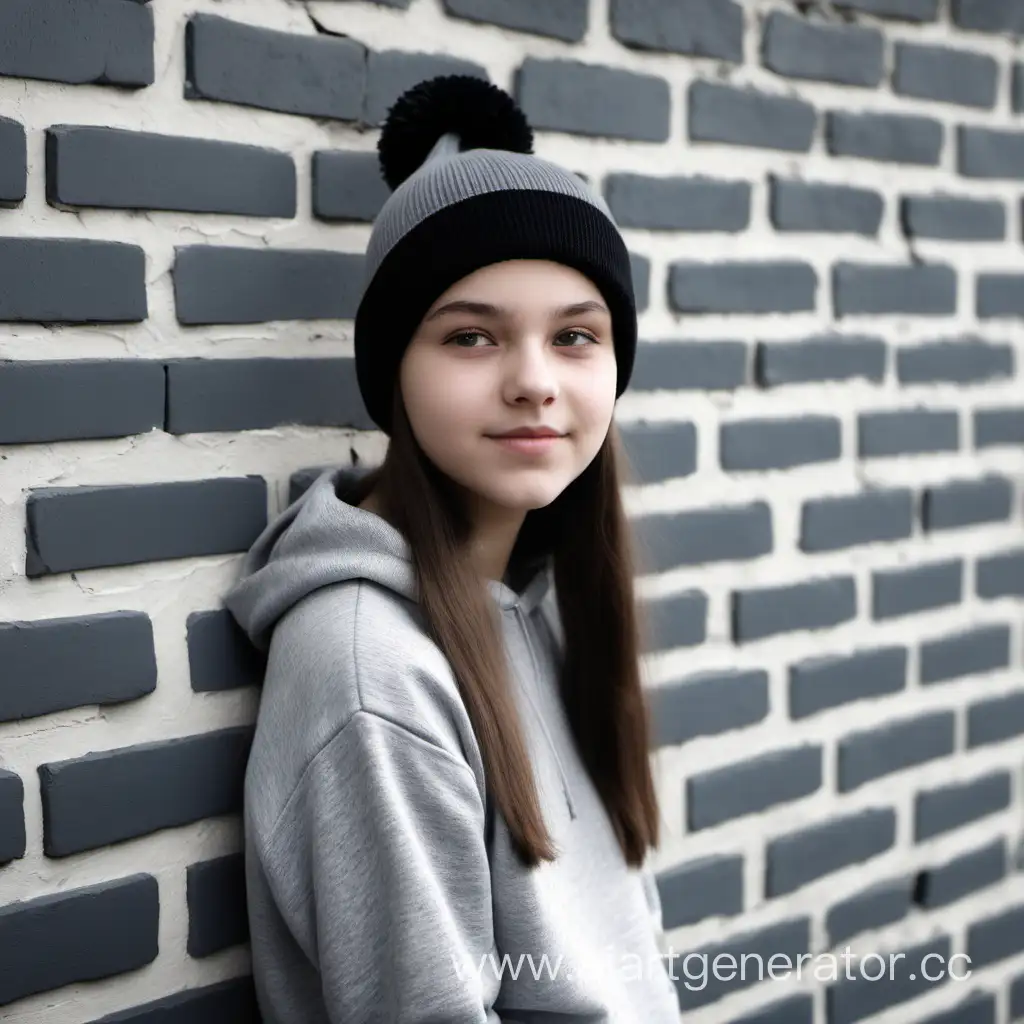 a girl, 15 years old. brunette, in a black knitted hat, gray sweatshirt, gray brick wall background, 
