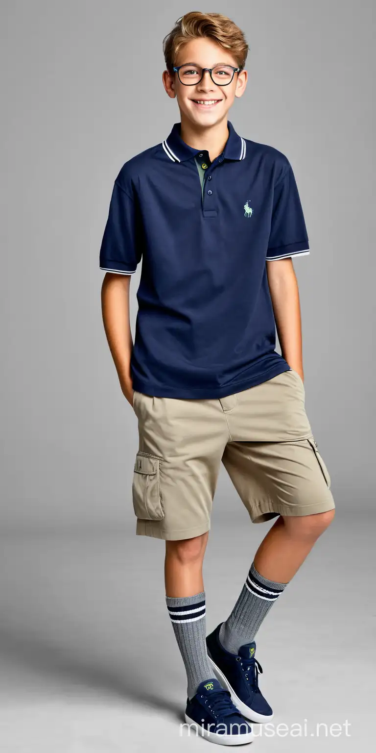 14 year old boy, caucasian, thick rim glasses, smiling, polo shirt, shorts, socks