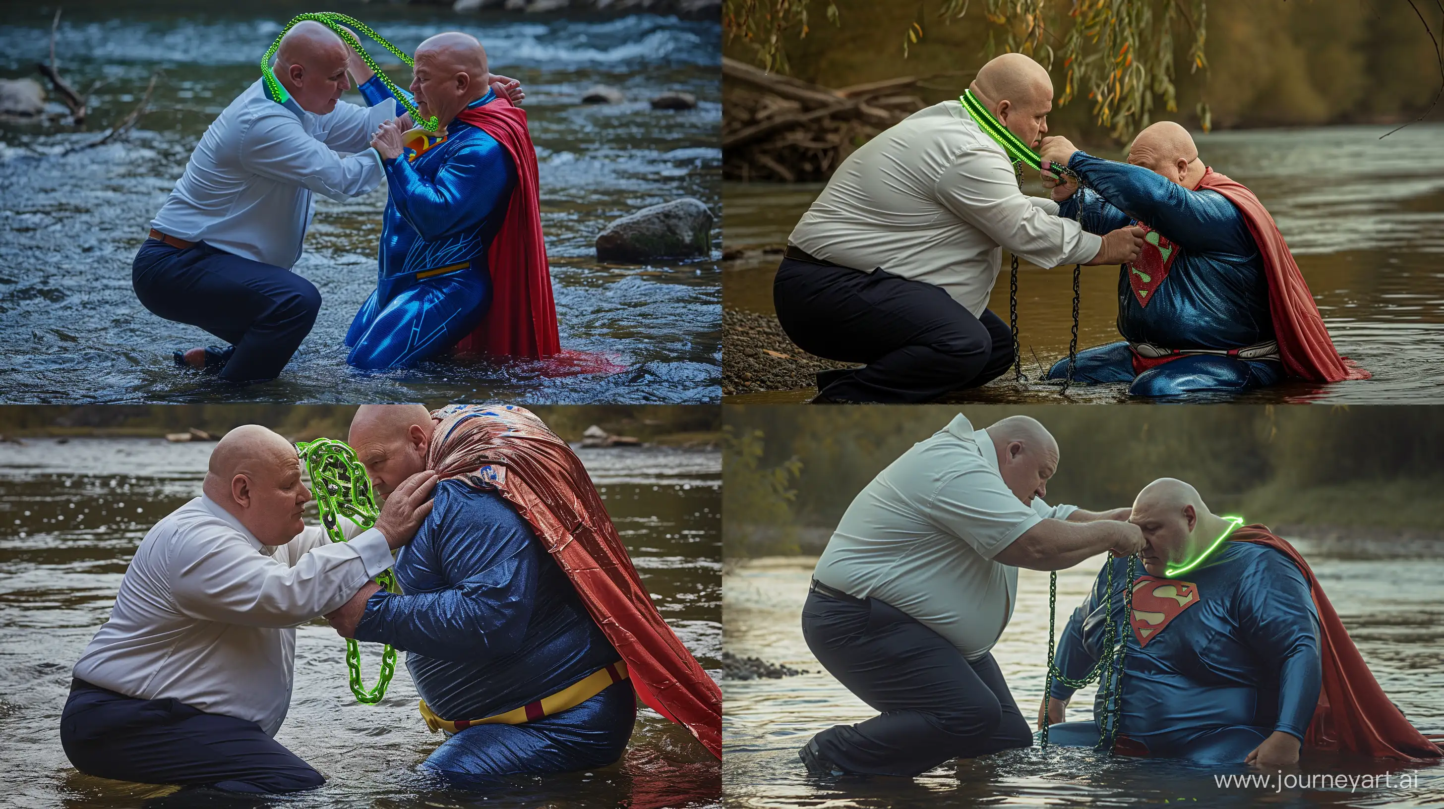 Closeup photo of a chubby man aged 60 wearing silky navy business pants and a white shirt, kneeling and tightening a green neon large chain collar around the head of another chubby man aged 60 sitting in water and wearing a tight blue silky soft superman costume with a large red cape. River. Bald. Clean Shaven. --style raw --ar 16:9 --v 6