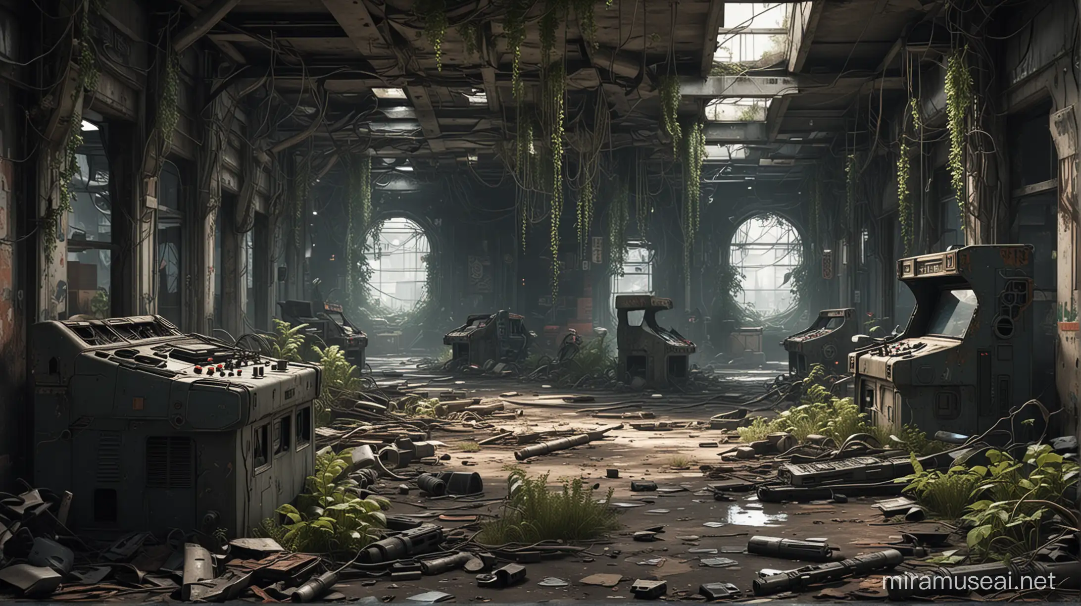 PostApocalyptic Urban Arcade with Overgrown Vines and Ruined Machines