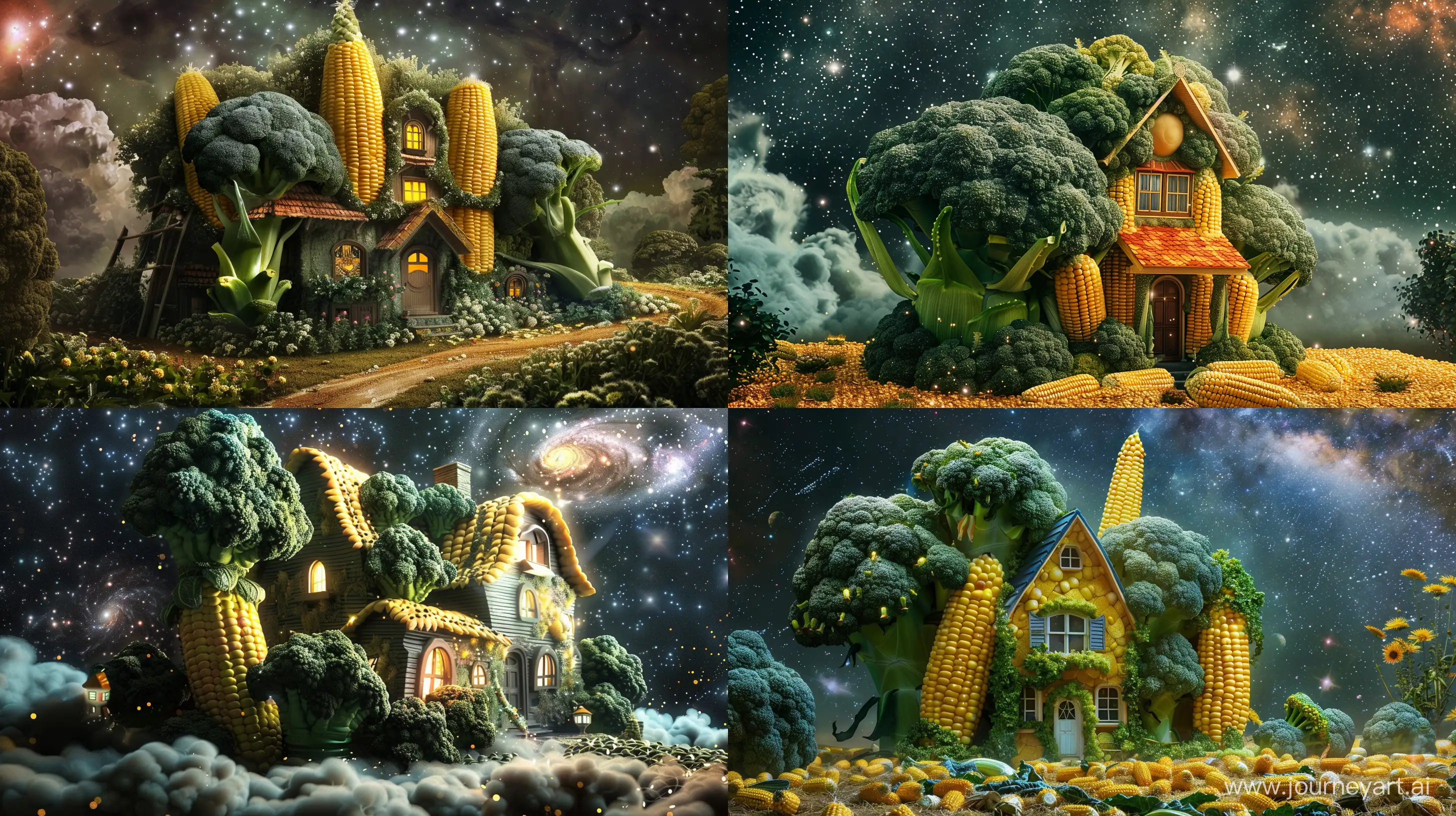 big house in the shape of corn and broccoli, in the galaxy, beautiful, fantasy style, realistic --ar 16:9
