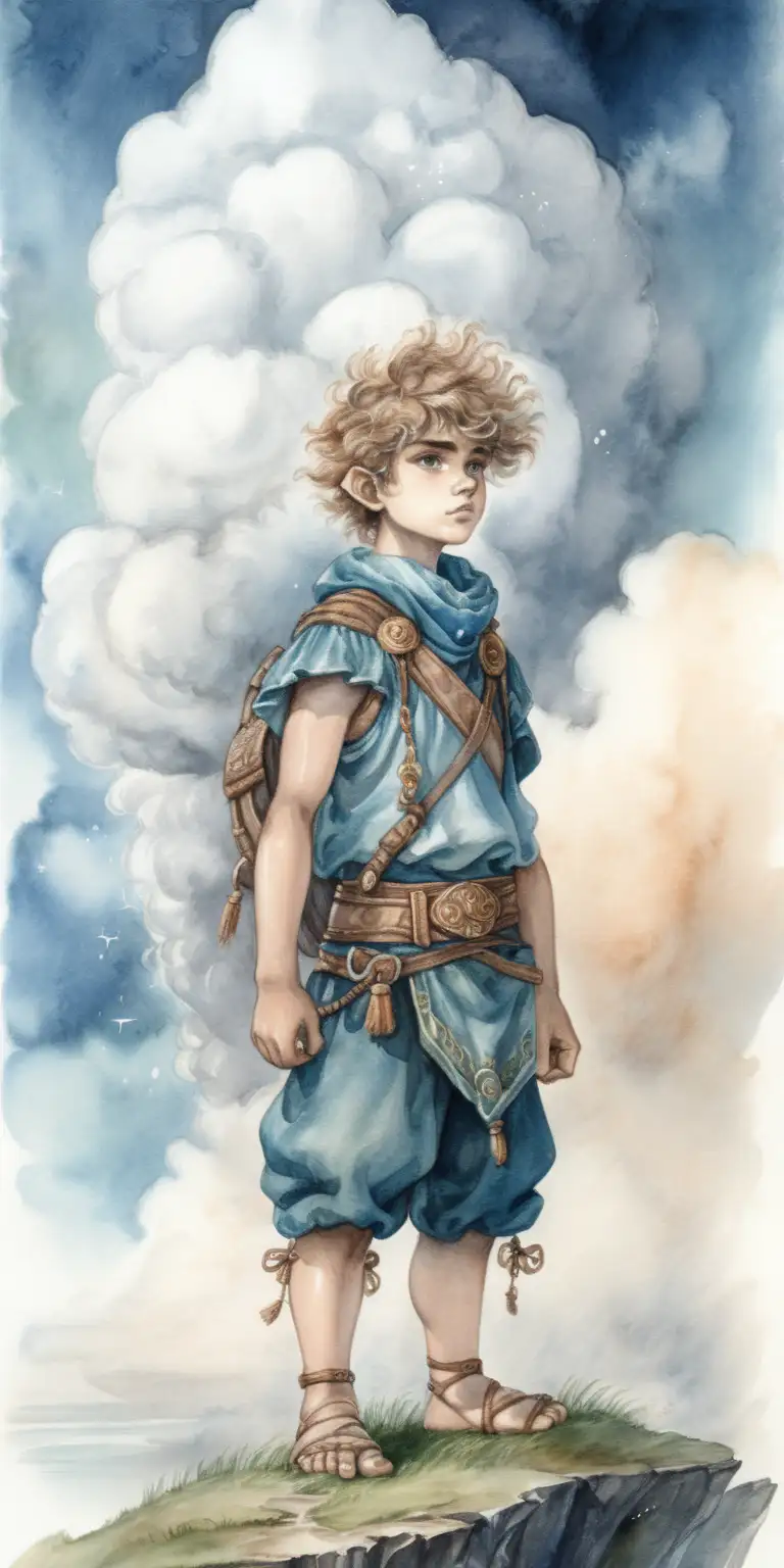 fantasy youg cloud giant boy, dark watercolor drawing, no background