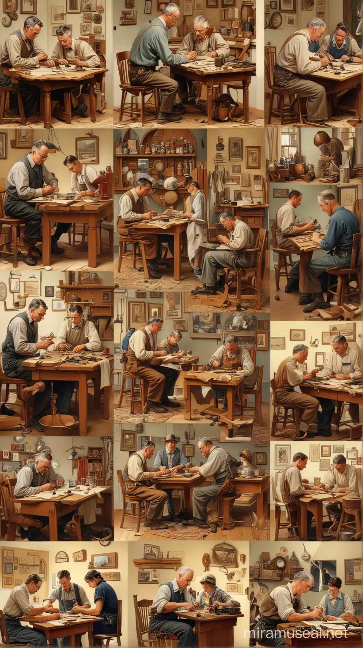 A collage of an few examples of fine craftsmen at work.  Style of norman Rockwell 