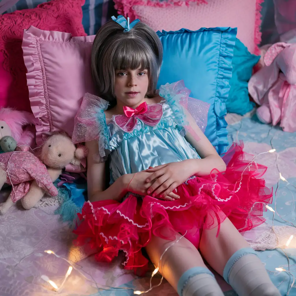 fembois prissy 13 year old pretty Sissy boy, pixie bob with bangs, in frilly baby blue and shocking pink nylon nightdress,  in his sissy boy bed