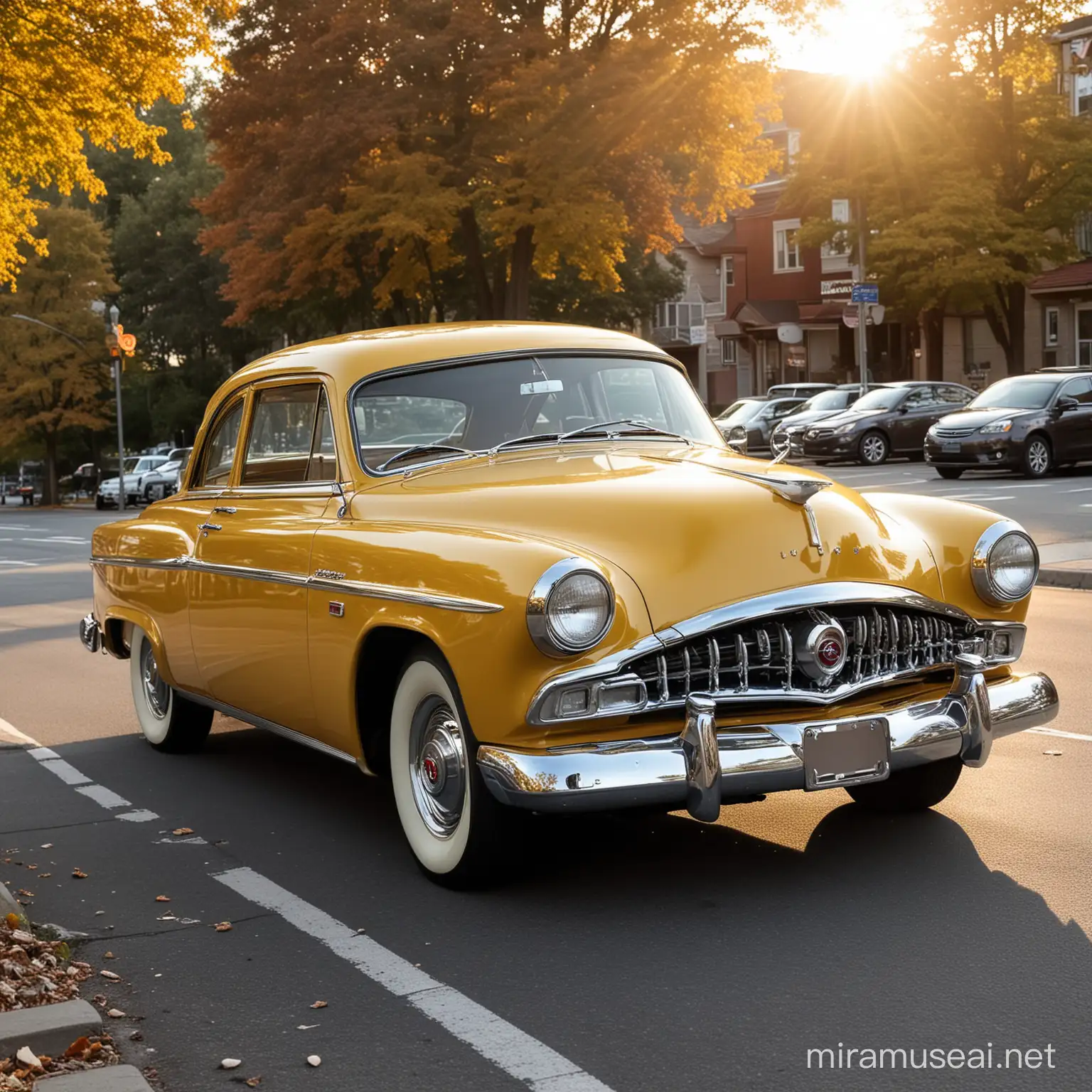 Studebaker Champion 1954 2 puertas, clásico, color mostaza metalico, estacionado en una calle de Trento New Jersey, a las 8 de la mañana, el sol esplendido ilumina este coche de manera especial haciendolo ver hermoso.