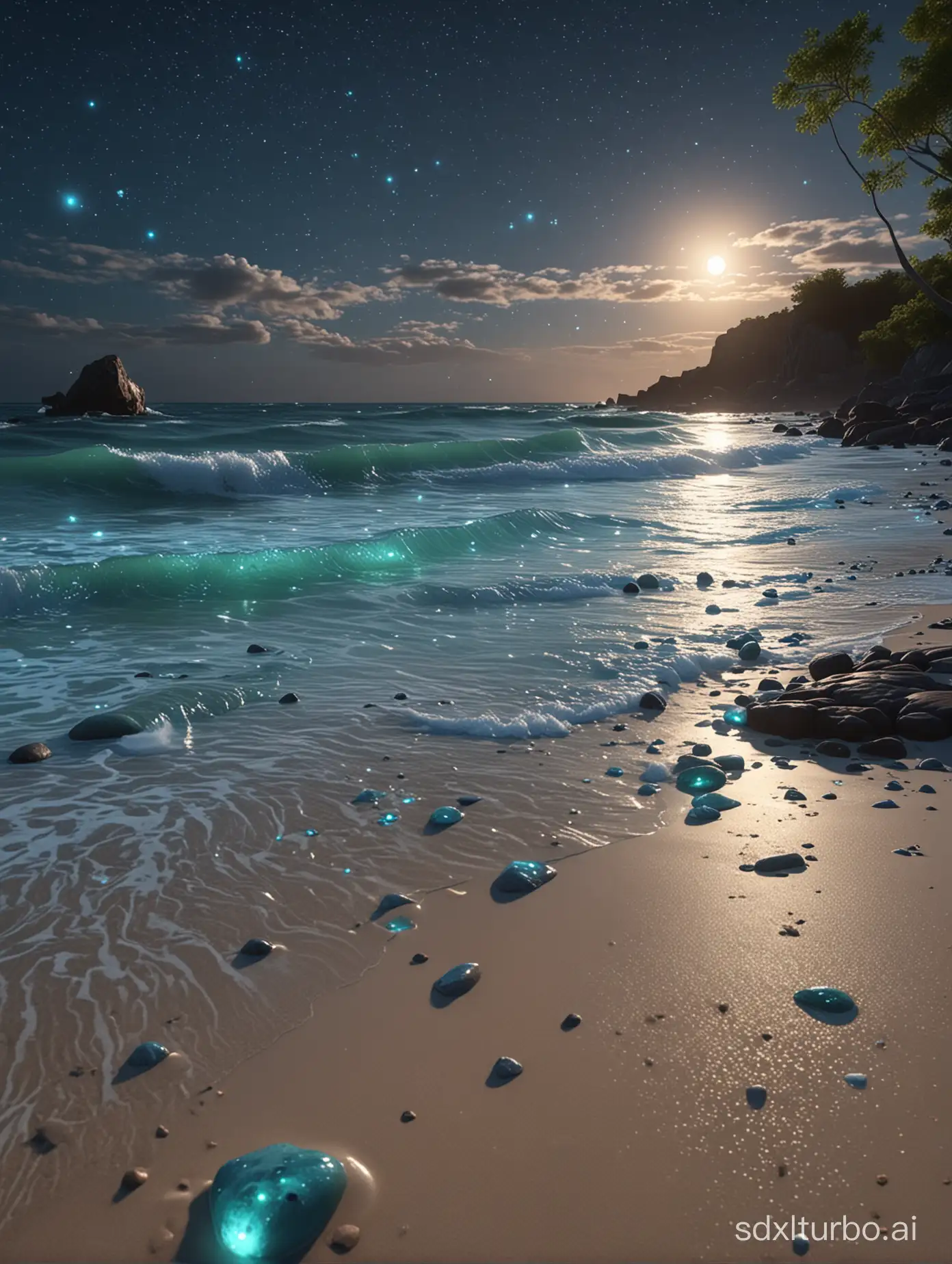 a beach covered in lots of Light Blue rocks under a night sky, Milky Way and the huge moon ,the glowing quicksand flowing from the moon to the sea, petals flying, the sea waves are rolling, with green light in the waves, bright stars, fireflies, clouds, Super beautiful，dreamy, romantic, uplight, 8K, Volumetric lighting, Volumetric light，soft light, unreal engine, octane render, Ultra-wide viewing angle