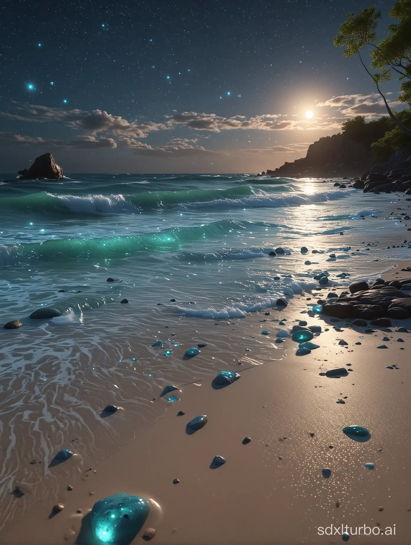 a beach covered in lots of Light Blue rocks under a night sky, Milky Way and the huge moon ,the glowing quicksand flowing from the moon to the sea, petals flying, the sea waves are rolling, with green light in the waves, bright stars, fireflies, clouds, Super beautiful，dreamy, romantic, uplight, 8K, Volumetric lighting, Volumetric light，soft light, unreal engine, octane render, Ultra-wide viewing angle
