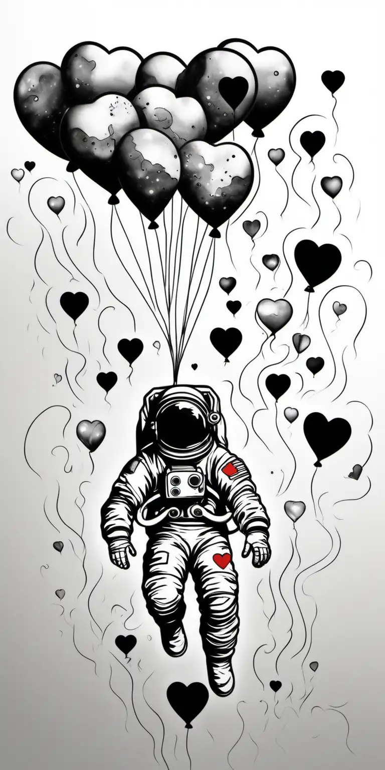 astronaut, floating forward view with heart balloons, stencil outline, black and grey, white background 