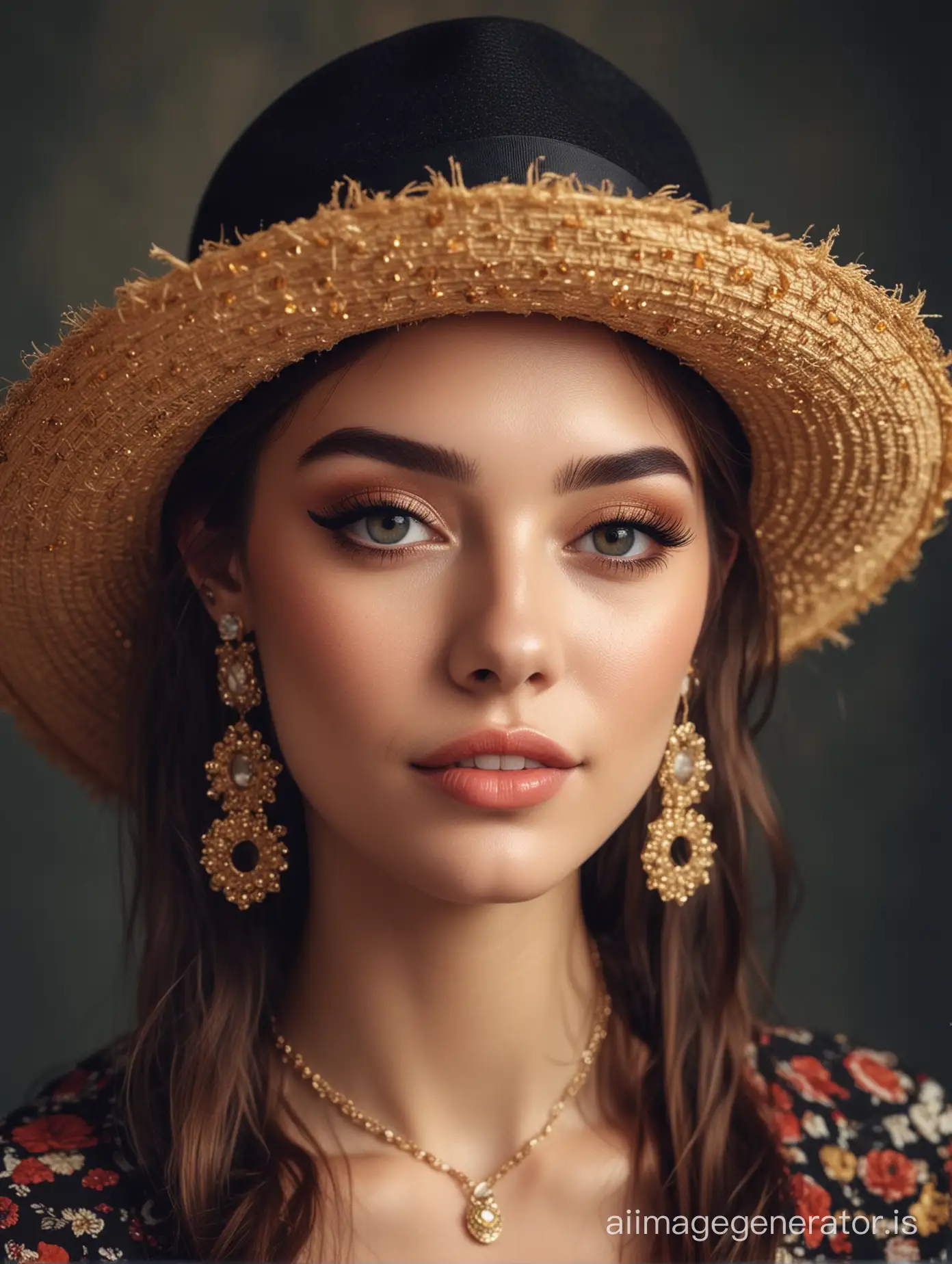 🌹 girl makeup, long false eyelashes, cunning smile, in a hat, earrings, honeycore, Dolce & Gabbana, beauty aesthetic girl, glam design, party, high resolution, depth of field, triple exposure, grunge textures, VSCO Filter,
