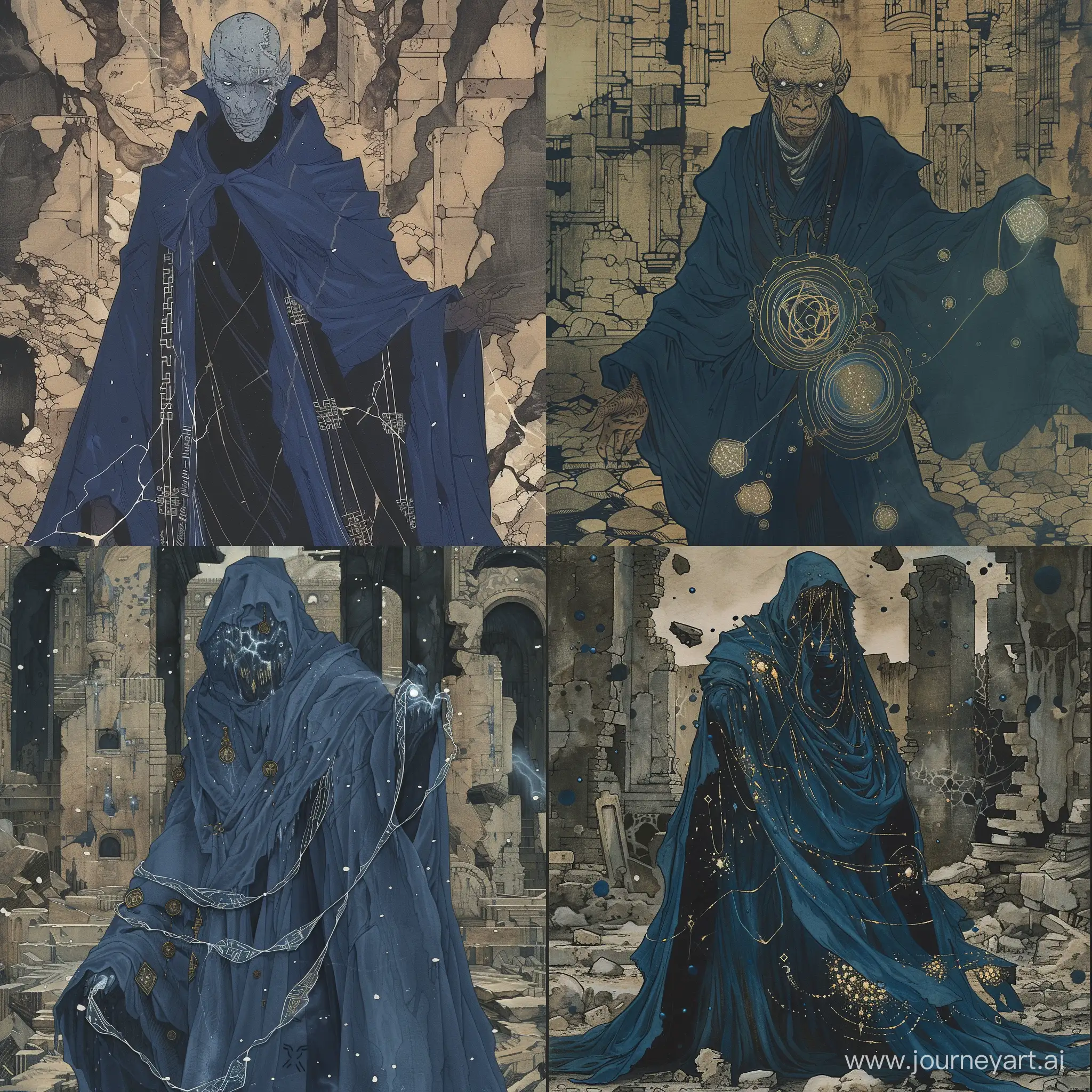 A figure draped in robes of midnight blue, adorned with shimmering runes that flicker with arcane power. His eyes, once bright with wisdom, now burn with a cold, unfeeling light, and his features are twisted by the corruption of dark magic, in a  crumbling ruins, Ukiyo-E painting style, wood block printing, vintage, japanese style