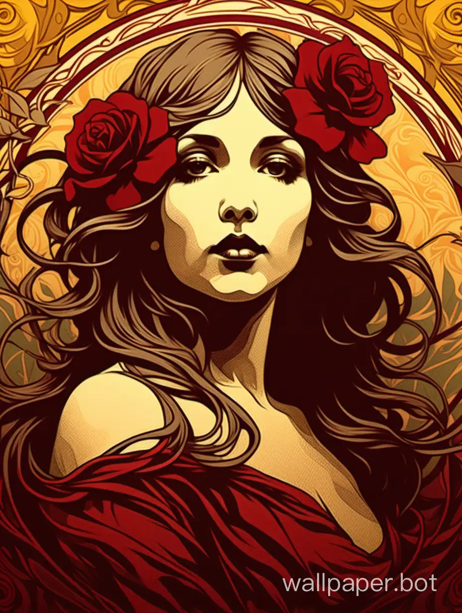 wildroses silhouette on a intricated multicolored canvas, in the style of dark yellow and dark red, graphic design-inspired illustrations, alphonse mucha, emotive faces, split toning,stylize 750 --v 6