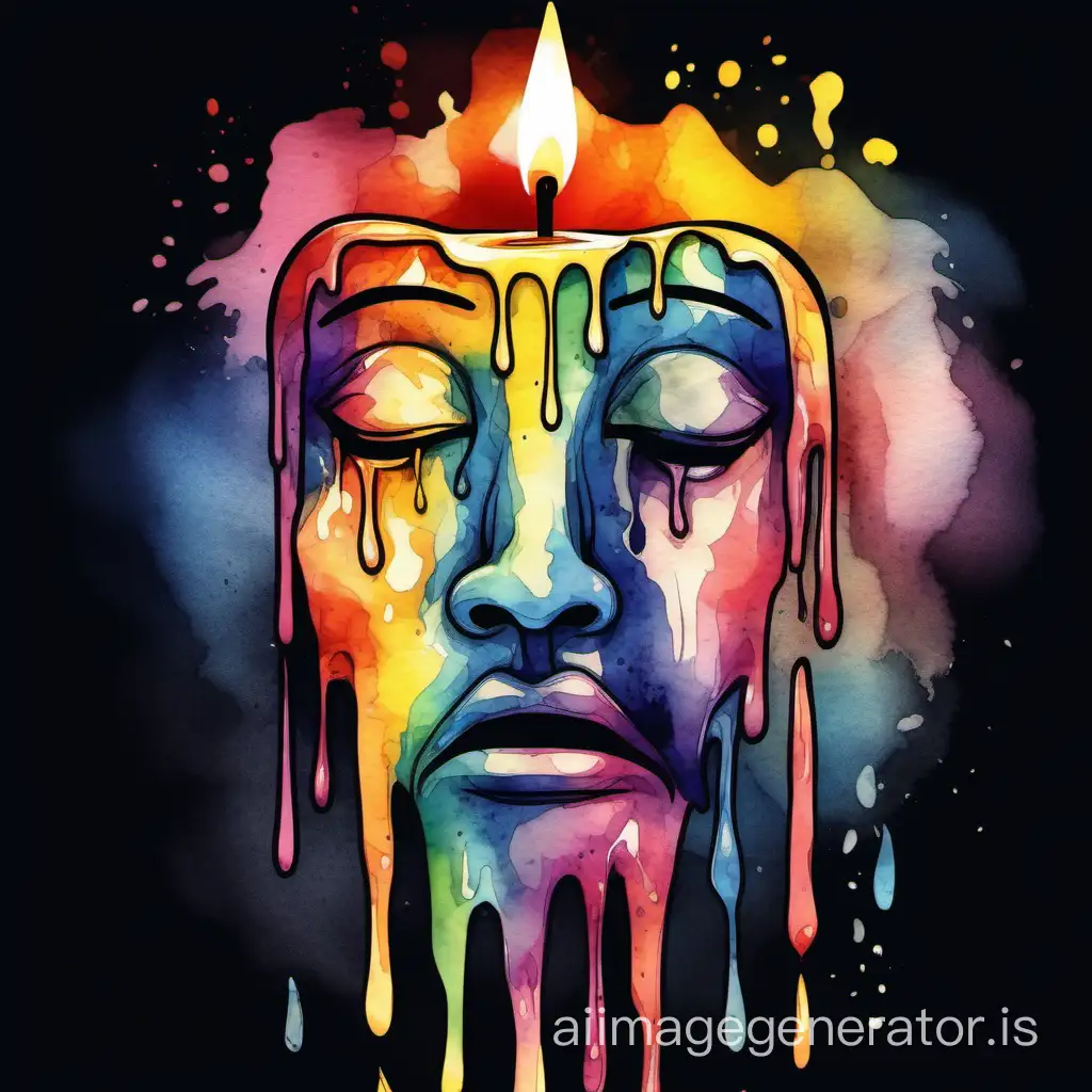 Abstract cartoonish watercolor design of a crying human candle face melting and with sad expression, watercolor style, color splash, multicolor palette, design suitable for tshirt print, and with total black background 