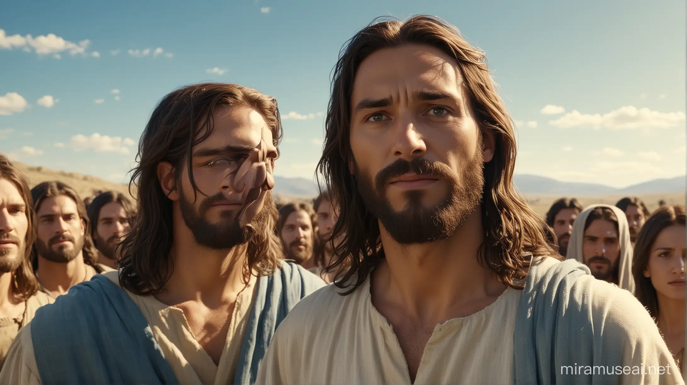 create an image of Jesus in an open field with his group of people, under a serene blue and sunny sky. 6k resolution, more realistic, based on the movie The Passion of the Christ.