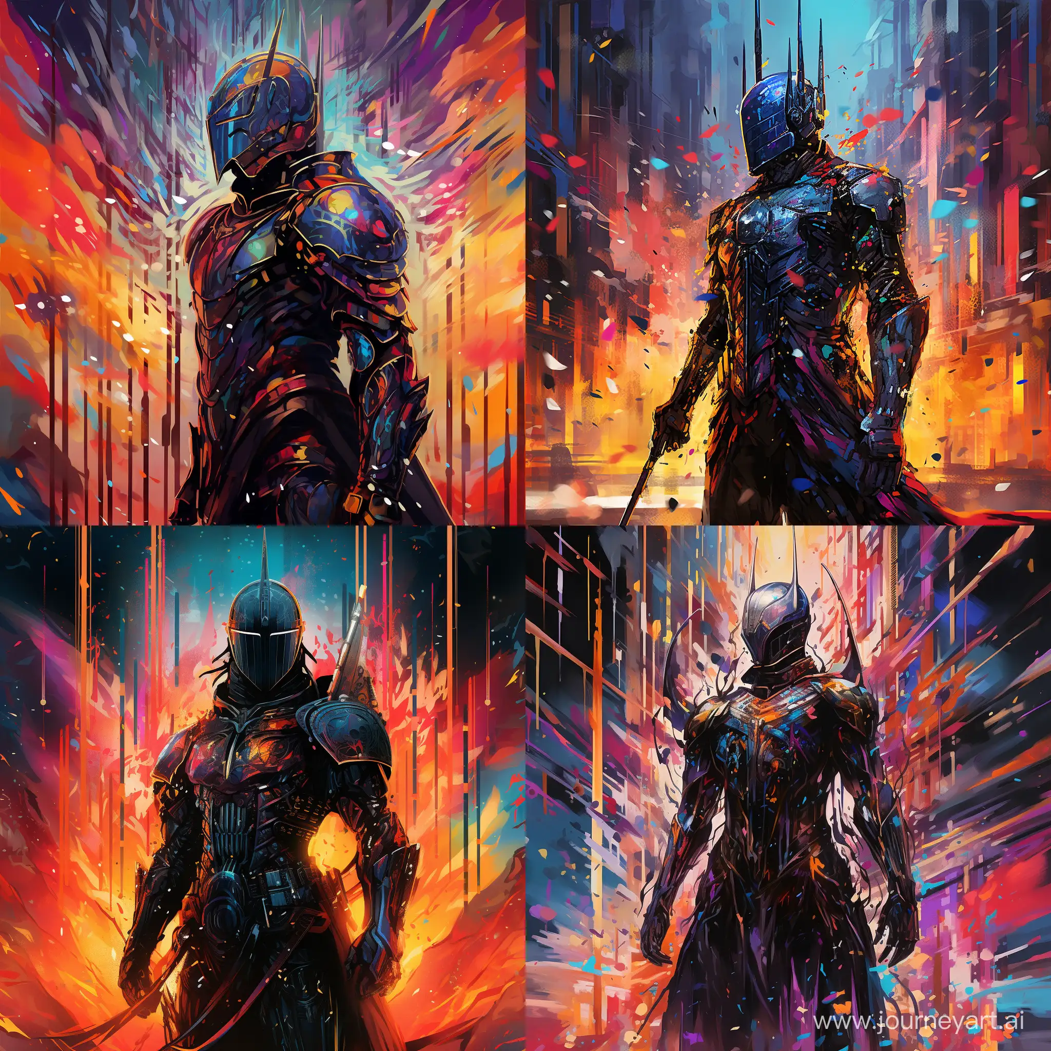stands tall, The Black knight stands tall, in cyberpunk style, stands tall, explosion of color, abstraction, fantasy  
