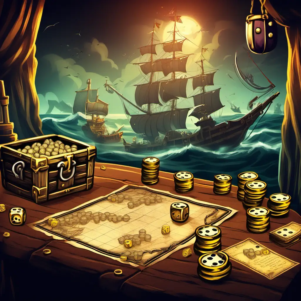 tavern dice game with treasure map of high seas on the table and stacks of doubloons, stylized game art
