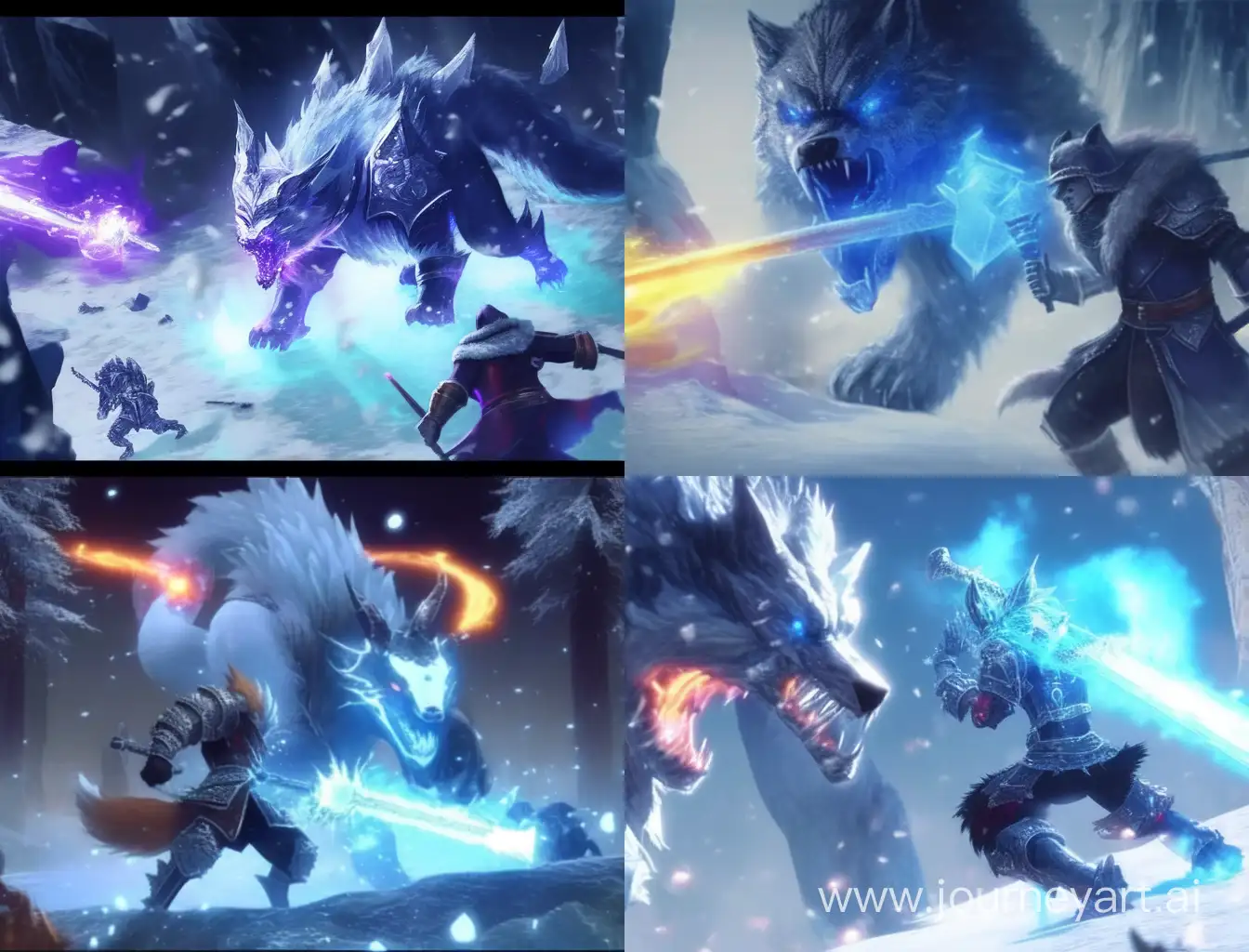 a stunning CGI graphics art of a brave anthropomorphic wolf knight is raising his fire sword to kill the frost monsters