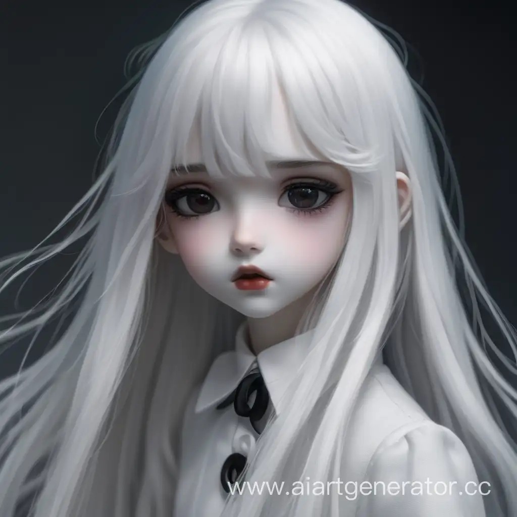 Девушка, длинные прямые белые волосы, черные глаза, губы сухого оттенка, без эмоций, кукла.