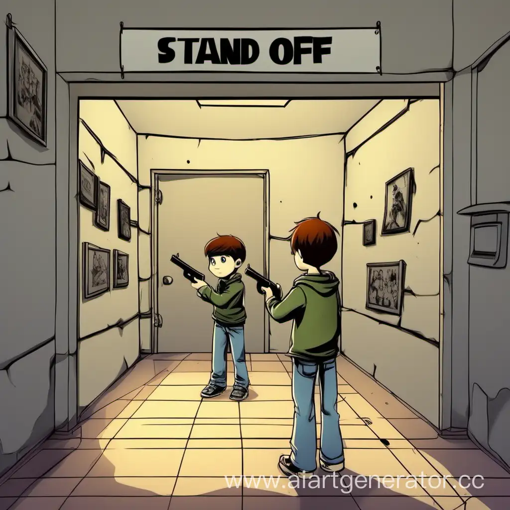мальчик играет в  телефоне в стрелялки    на стене надпись  STAND OFF 2 мультяшный 