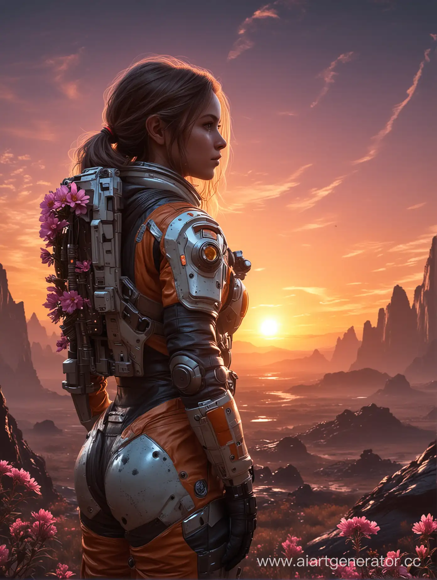 Девушка в боевом космическом костюме сметрит на щакат на цветущей планете вид сзади