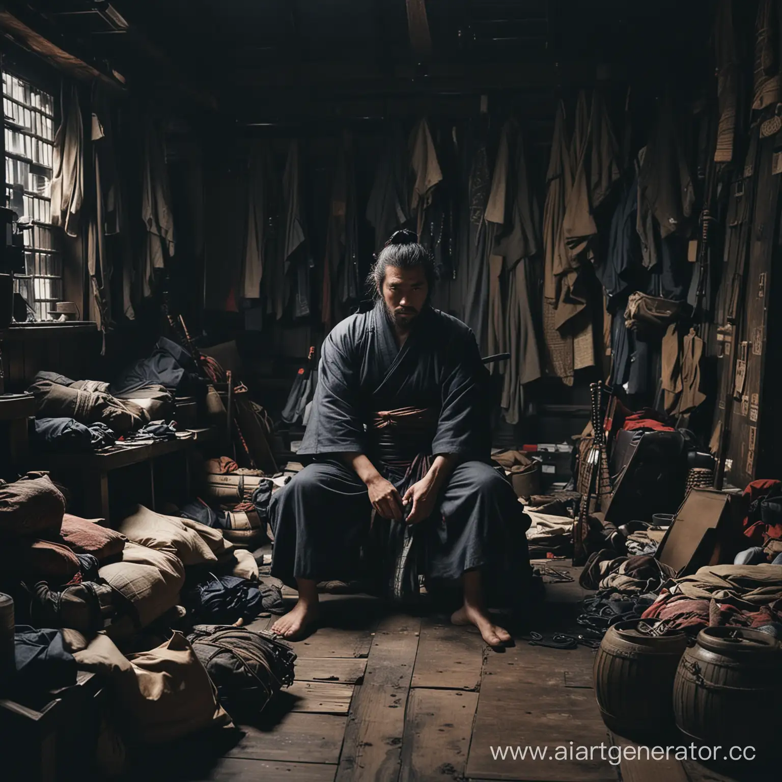 Изможденный самурай сидит  в темной захламленной комнате