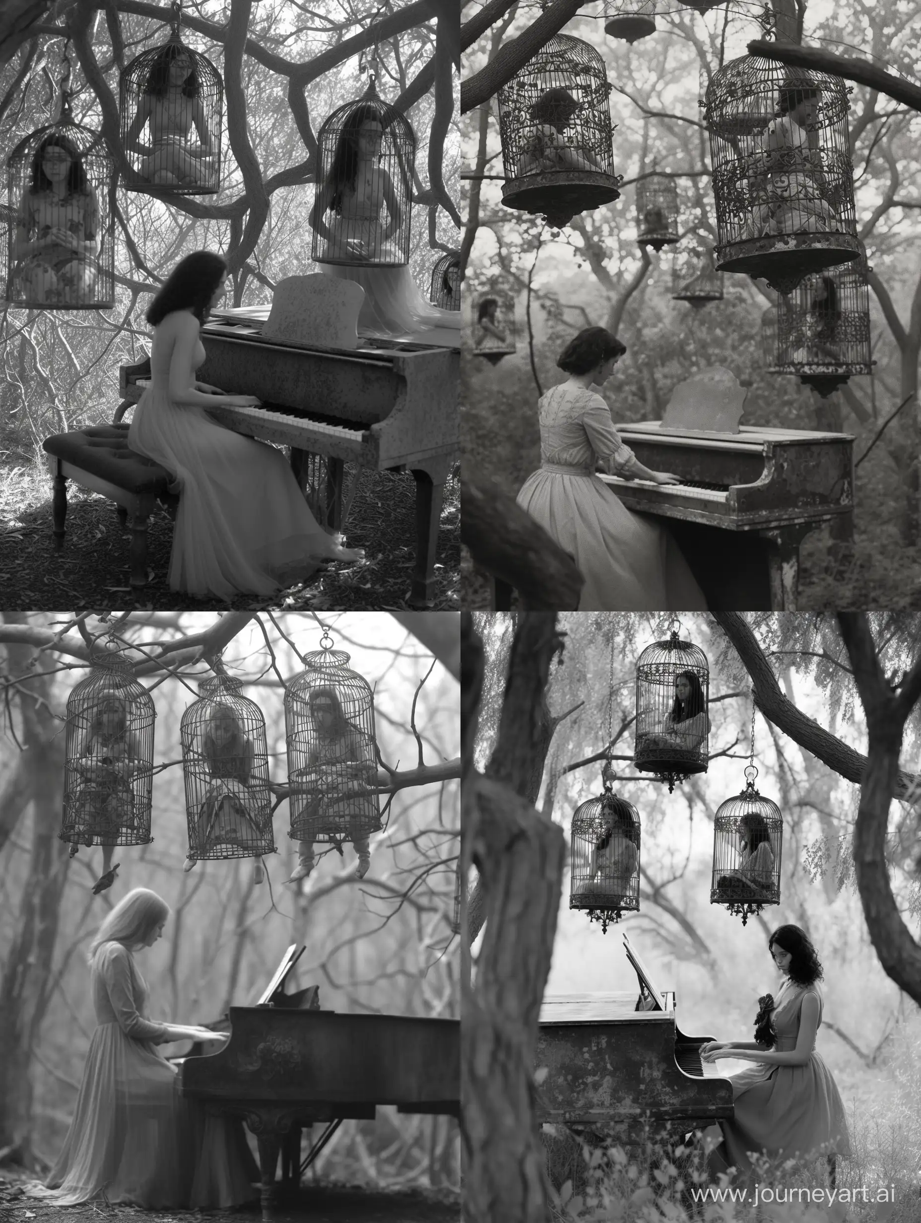 A grayscale photo of a woman, dressed in a vintage gown,
sits at a weathered piano amidst the enchanting woods.

The melodies she plays echo through the trees,
as if nature itself is entranced by her music.

In the branches above, two or three antique bird cages hang,
their intricate designs and rusted chains adding an eerie touch.

Inside each cage, a woman sits comfortably,
her whole body contained within the confines of the cage,
watching the pianist with a mixture of curiosity and melancholy.

The women in the cages are ethereal beings,
their presence evoking a sense of mystery and enchantment.

As the music fills the air, the women in the cages sway,
their movements synchronized with the haunting melody,
creating a mesmerizing dance that transcends the boundaries of the physical world.

Through this image, the viewer is transported to a realm where music, nature, and captivity intertwine, blurring the lines between freedom and confinement.

Camera settings:
Camera Model: Nikon D850
Film Type: Kodak Portra 400
Lens: 50mm prime lens
Techniques: Utilize shallow depth of field to focus on the woman at the piano, while creating a dreamy, blurred effect on the women in the cages.

Unlikely collaborators:
Directors: Guillermo del Toro, Sofia Coppola, Alejandro Jodorowsky
Cinematographers: Roger Deakins, Emmanuel Lubezki, Seamus McGarvey
Photographers: Tim Walker, Sarah Moon, Francesca Woodman
Fashion Designers: Alexander McQueen, Vivienne Westwood, Iris van Herpen