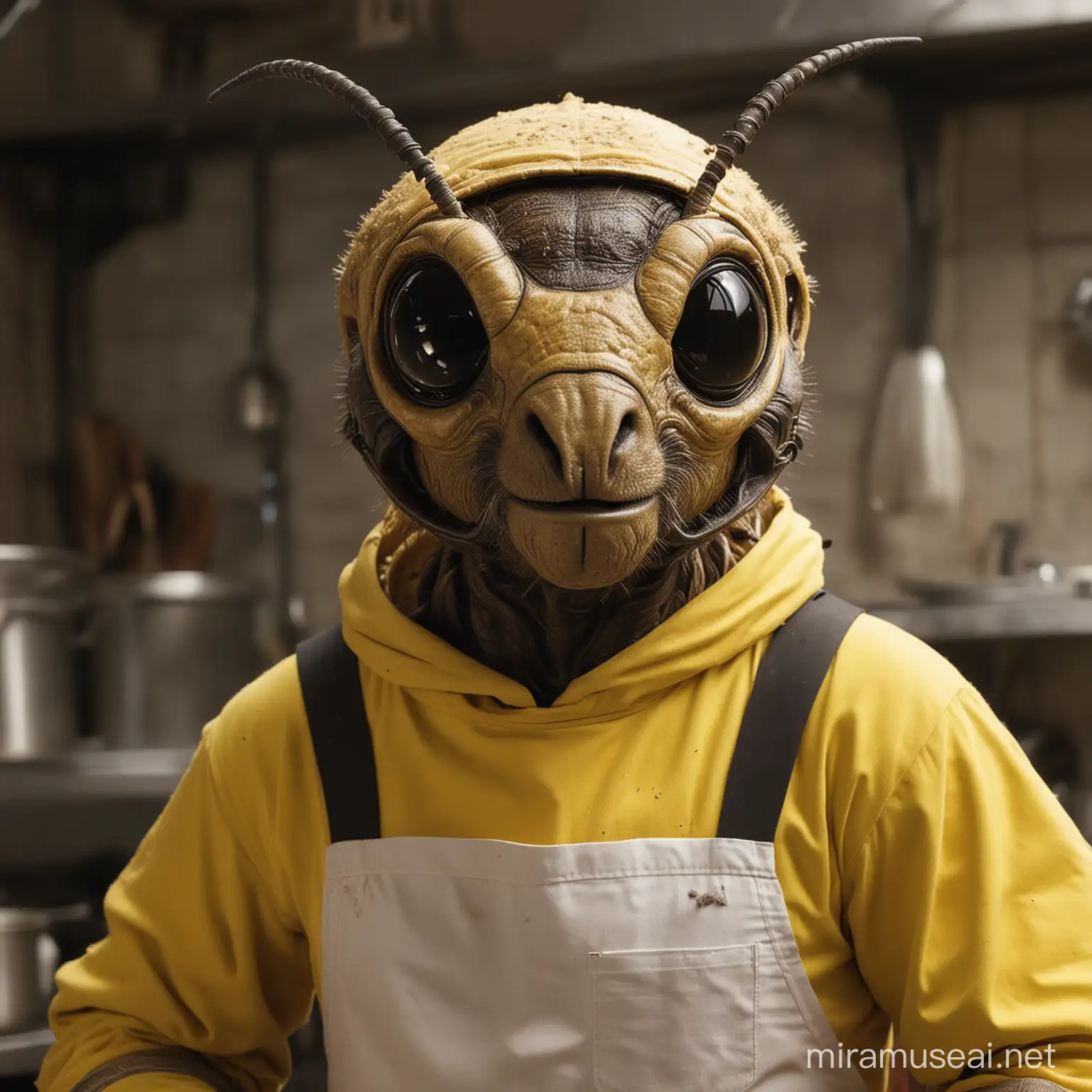 Dirty bee-alien who looks like a bee, works as a cook, not a human, wears apron, sci-fi setting, close-up portrait 3/4, facing camera, has head antenna,  no wings