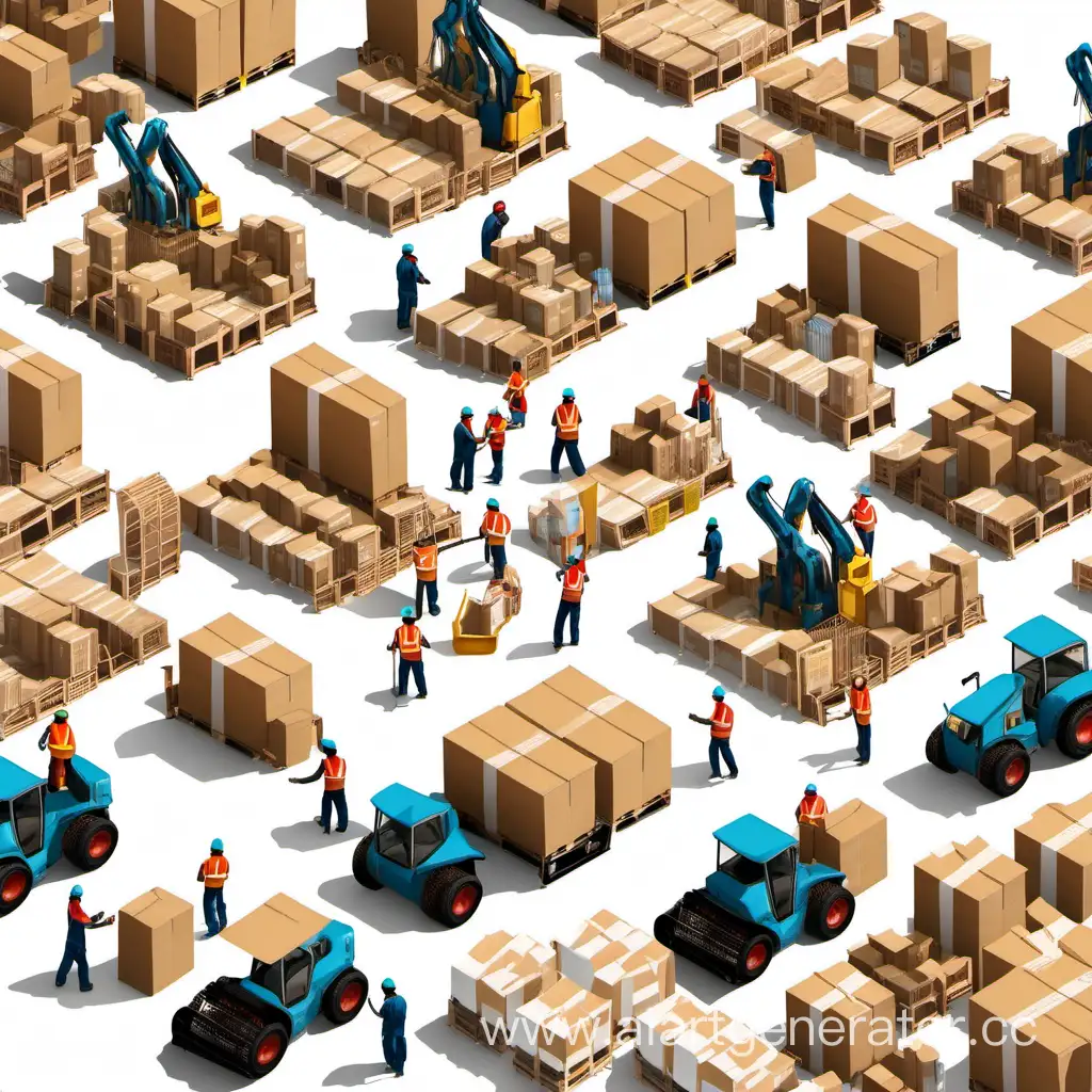 Busy-Marketplace-Workers-and-Machines-Organizing-Boxes-on-White-Background