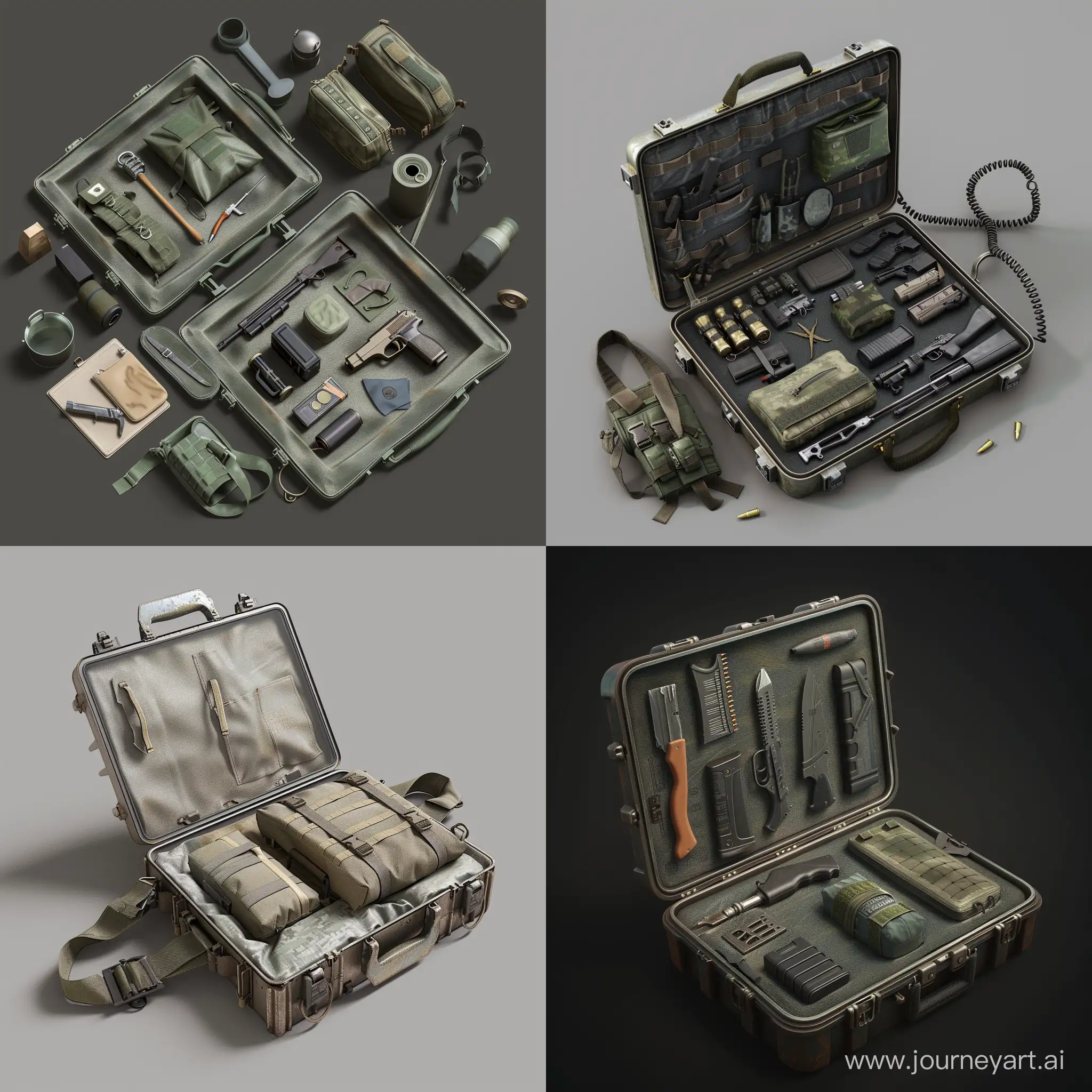 isometric realistic military opened survival kit in metal case, 3d render, stalker style, less details