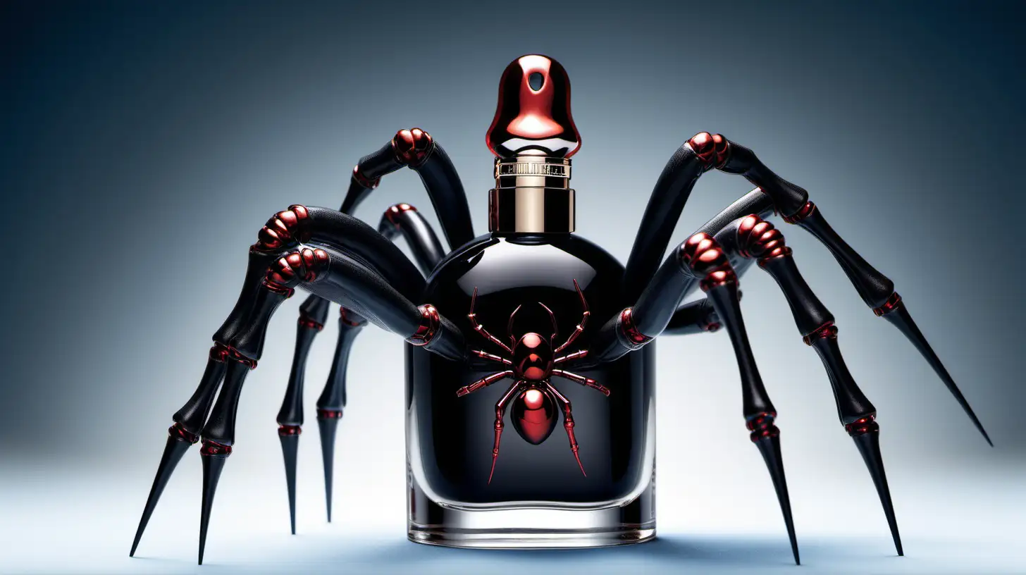 3d, black widow spider holding JEAN PAUL GAULTIER Ultra Male fragrance.