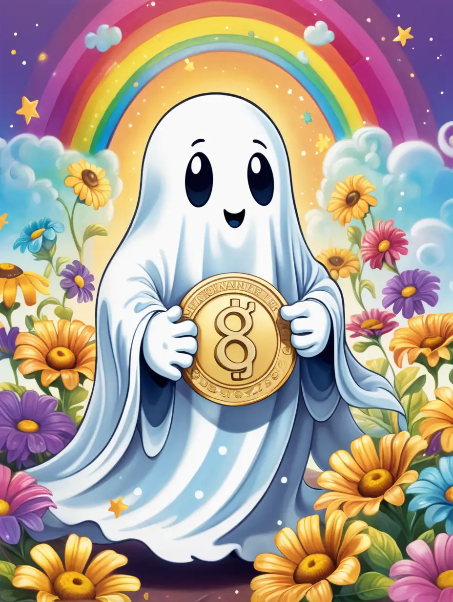 Adorable Cartoon Ghost with Gold Olympic Medal Surrounded by Colorful Flowers and Rainbows