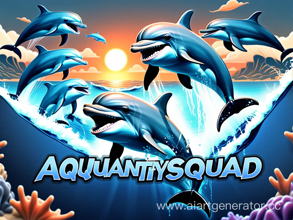 Фон море с закатом, посередине сине-голубая надпись "AquantySquad" эту надпись окружают злые дельфины. 