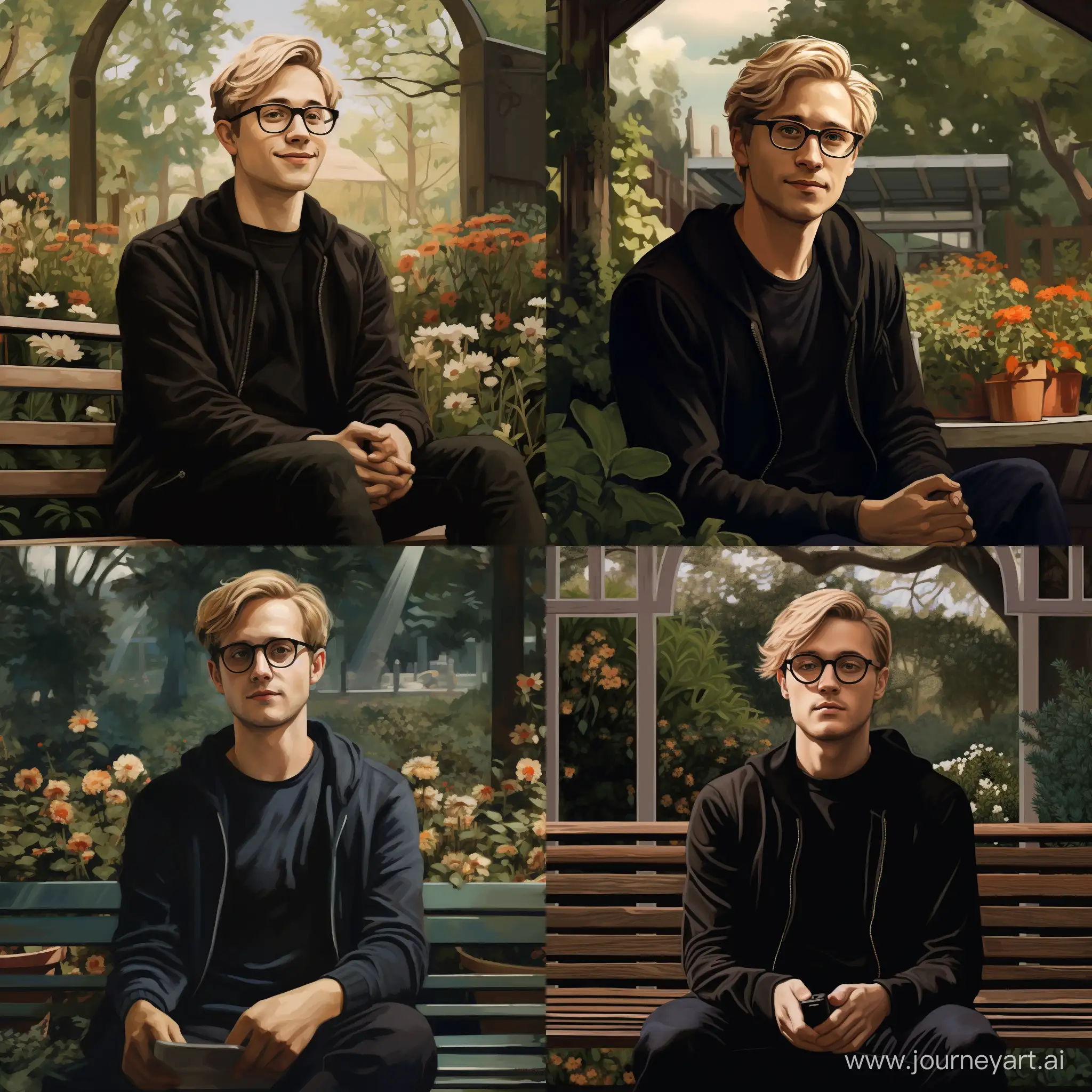 Мужчина лет 30 в очках с очень короткими русыми волосами, одетый в чёрный свитер и джинсы, сидит на скамейке в саду