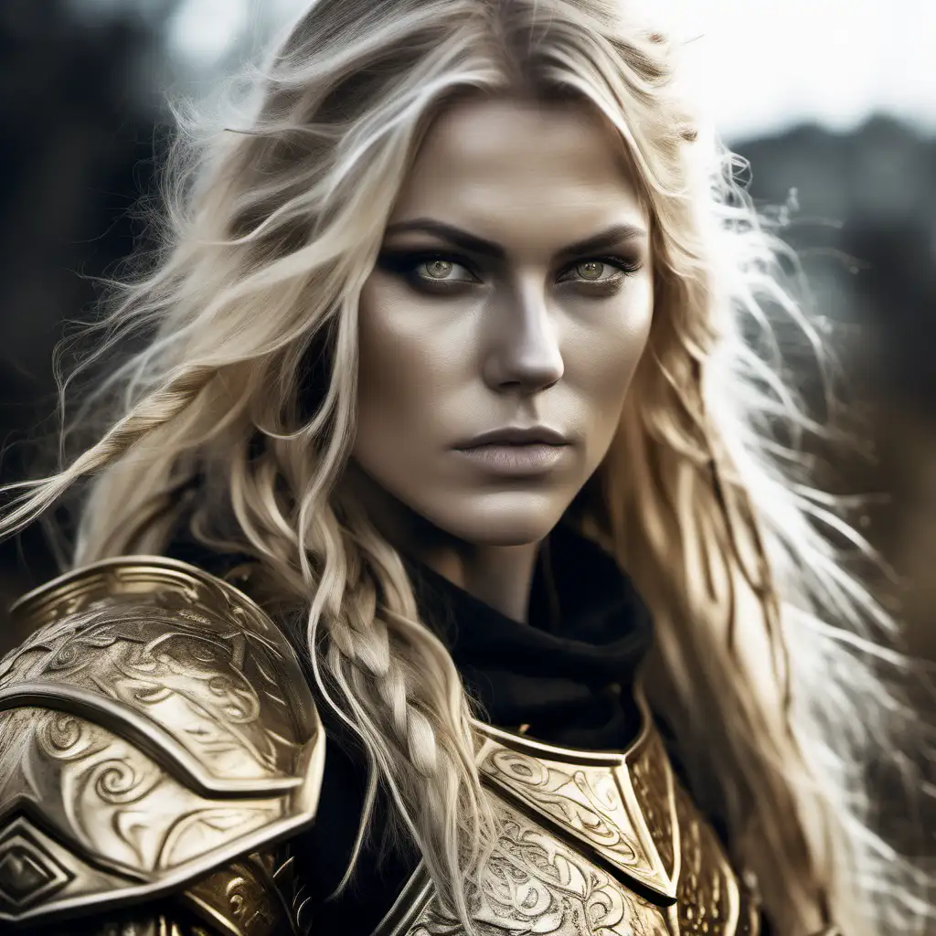 beautiful nordic woman with long messy blonde hair and detailed gold eyes wearing half armor that is gold and black colored
