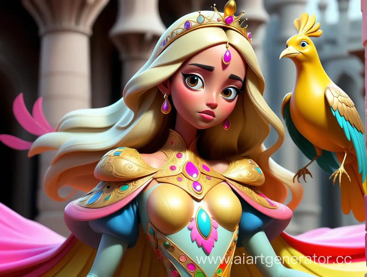 one princess wears colorful full body cover  and one golden bird