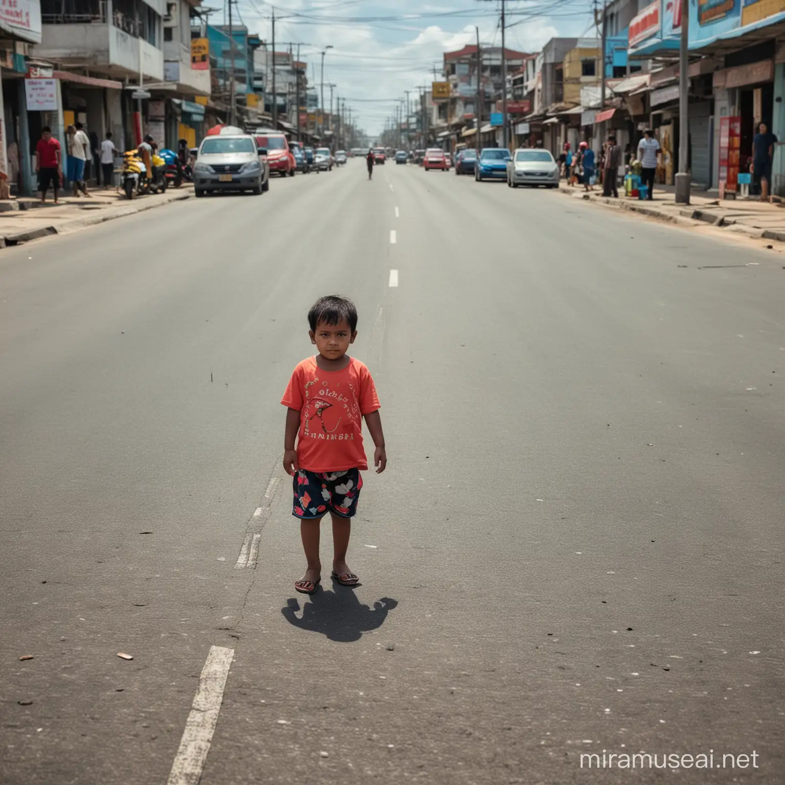 Seorang anak berdiri di tengah jalan kota makassar