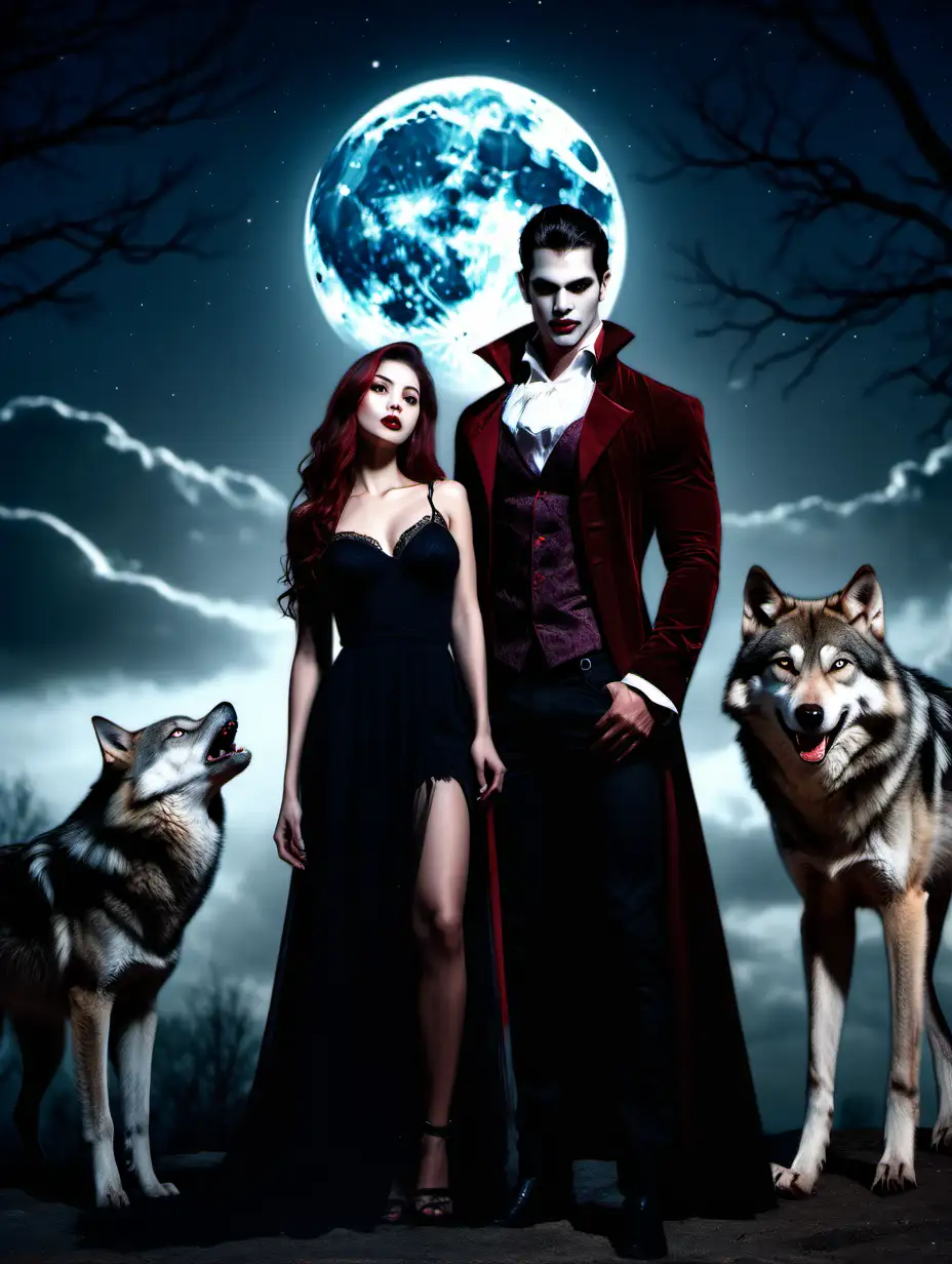 picture of a handsome Vampire male standing next to a beautiful women  who is looking at two wolves in the background night sky with a visible moon