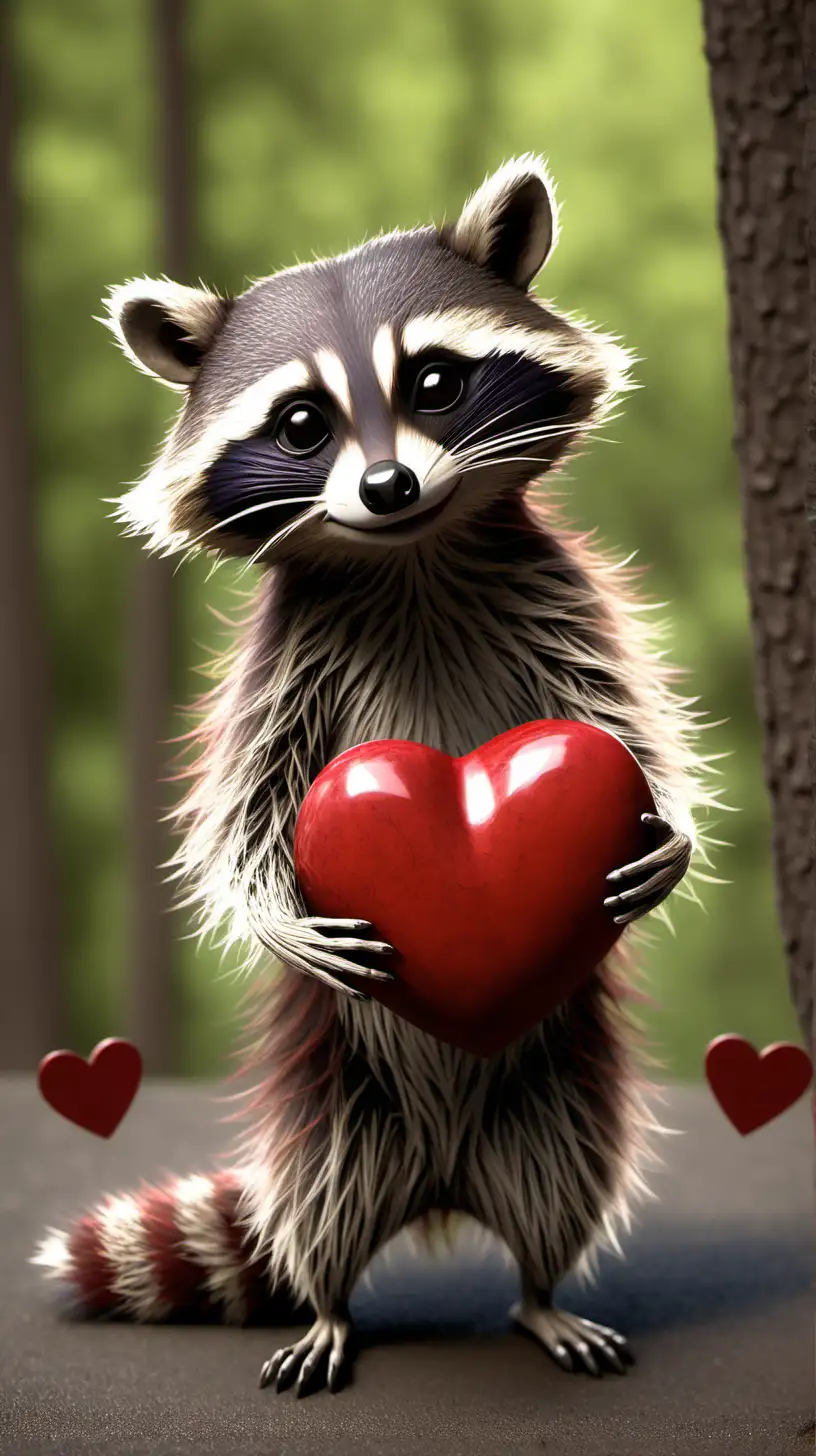 Racoon holding up, in front of him, a heart