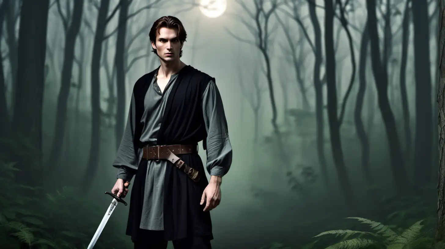 a man with a soft and kind expression is dressed in black slacks and a loose grey tunic. he has a brown leather weapons belt around his waist. he has brown hair. he is standing in a misty green forest. the edges of the forest are dark and you can see the moon. he is holding a sword at his side. 