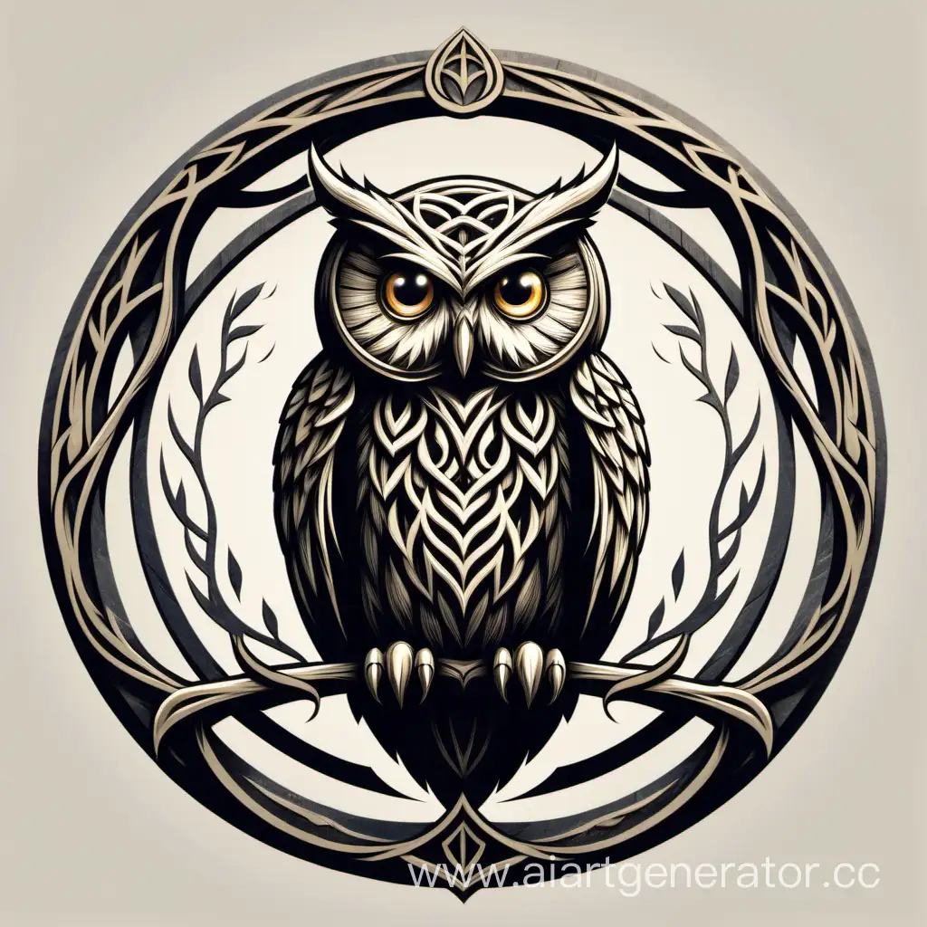 логотип сова в круге в стиле эльфийской архитектуры из властелина колец