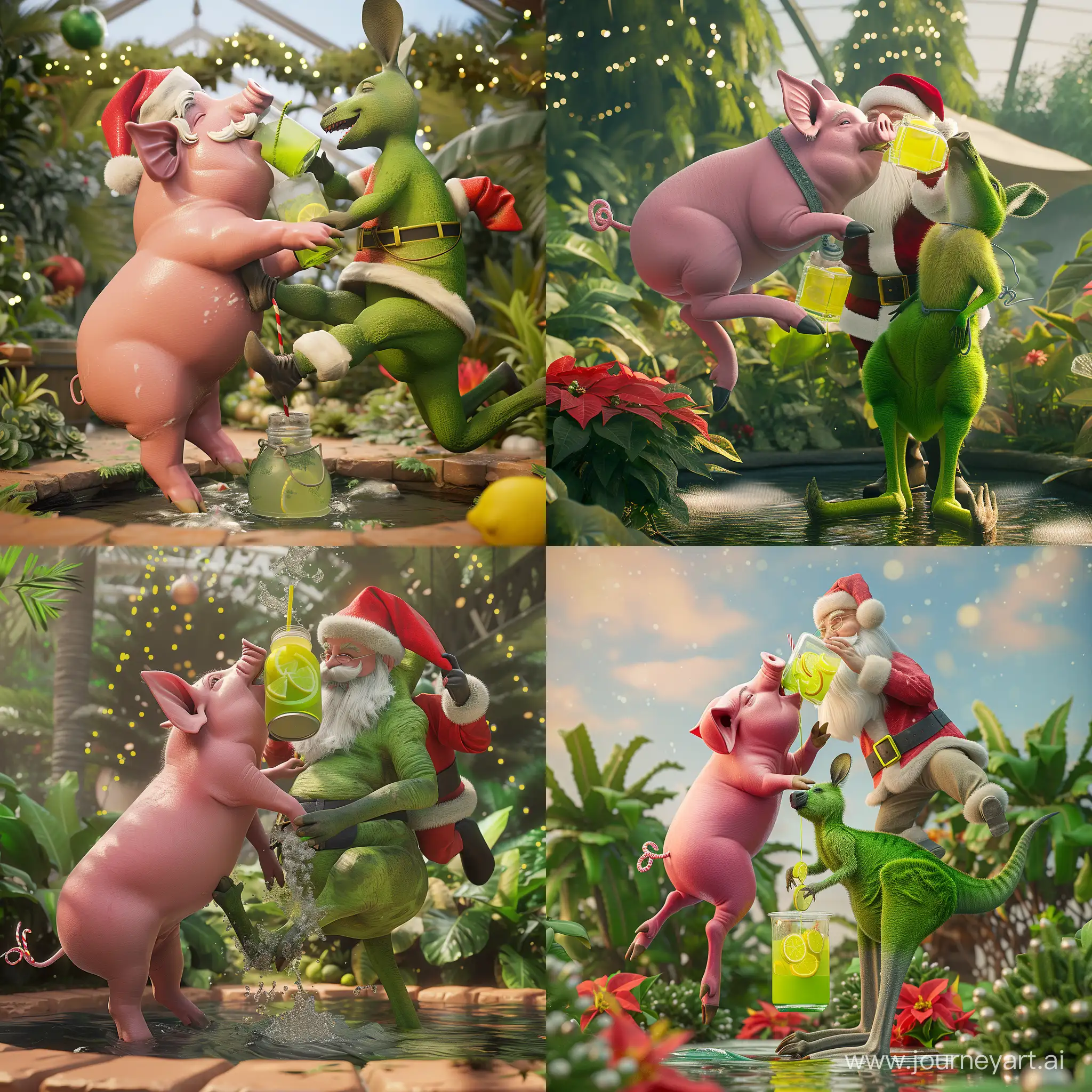 The Botanical Garden. A pink pig kisses a green kangaroo. and Santa Claus jumps on them and pours lemonade clamped between his legs. 8k ultra realism. unreal engine