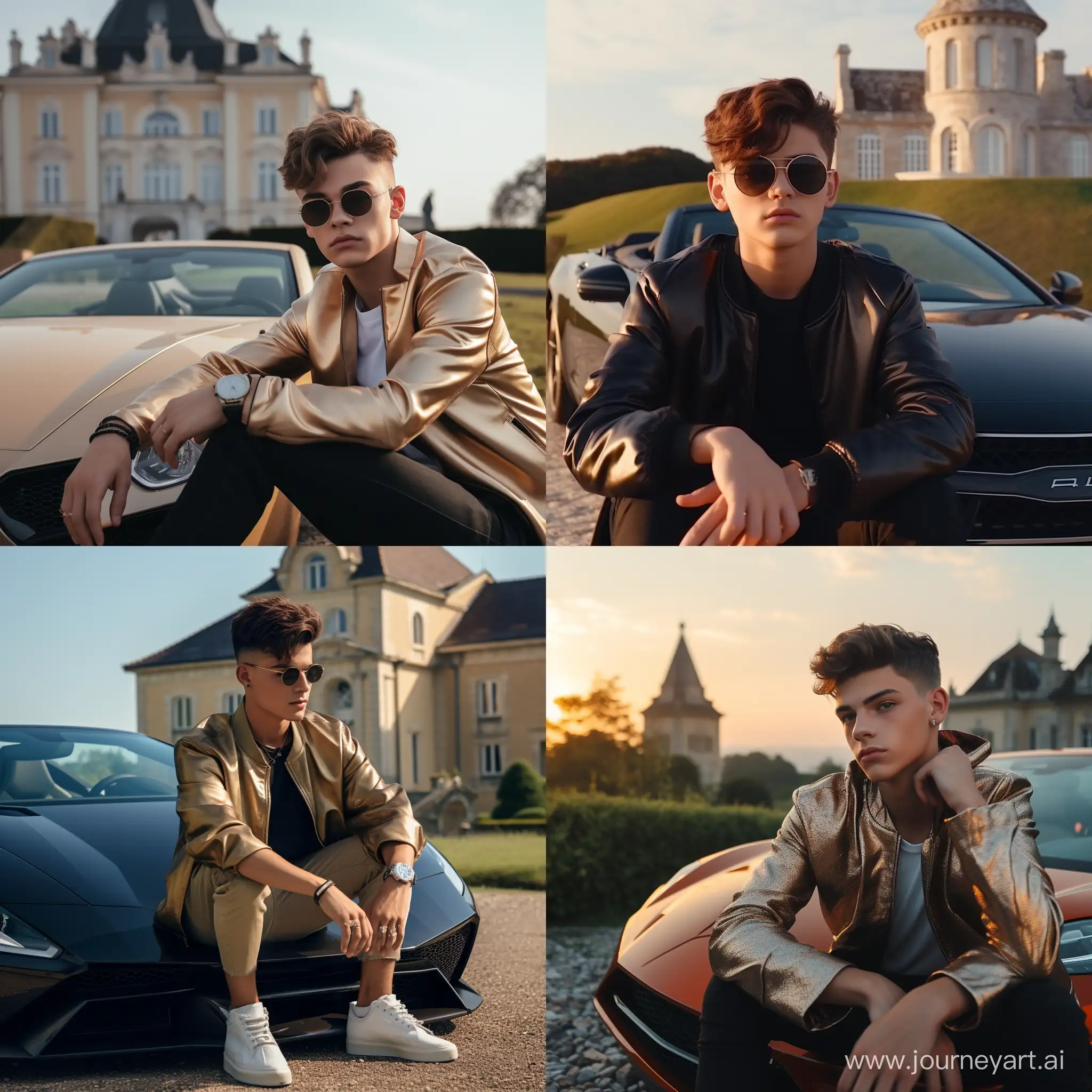 Cinematic, 4k, ultra realistic photo. No mature 17 years old boy. Brunette, medium length, sideways haircut. He is sitting on capote of Lamborghini car. An expensive mansion is shown in the background. Filmed of 35mm