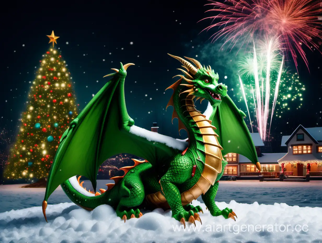 Зеленый дракон зимой сидит на снегу. На заднем фоне фейерверки, праздничные огоньки, снег падает  и на фоне стоит украшенная елка